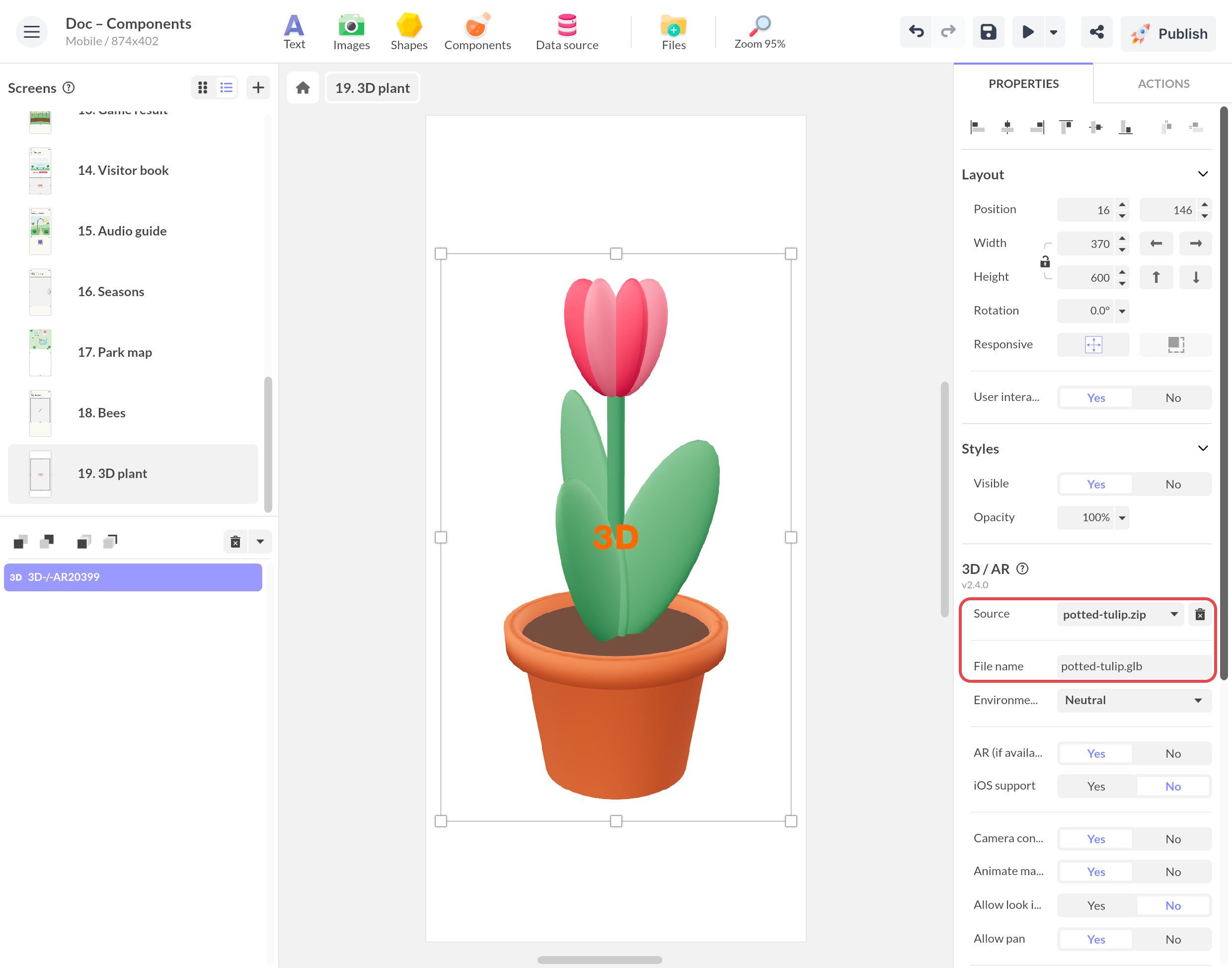 3D / AR component of a potted tulip screen: Source is potted-tulip.zip and File name is potted-tulip.glb, the file inside the ZIP