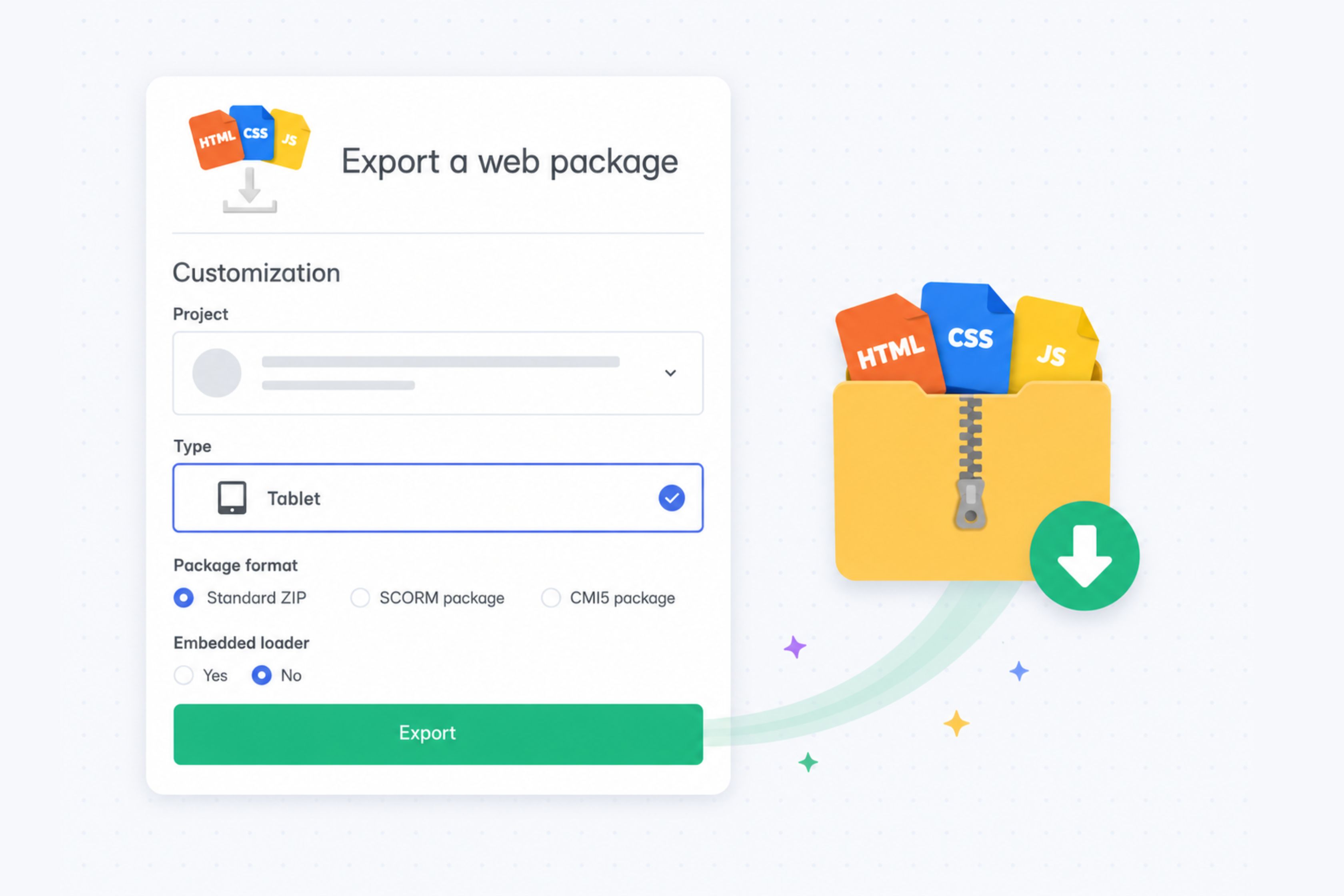 Formulaire d’export d’un package web avec les options projet, type, format du package et chargement intégré