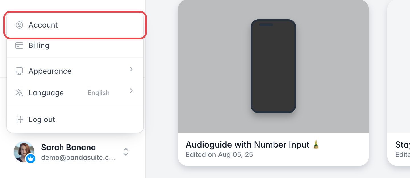 Account menu open at the bottom left of the dashboard: Account is framed, above Billing, Appearance, Language and Log out
