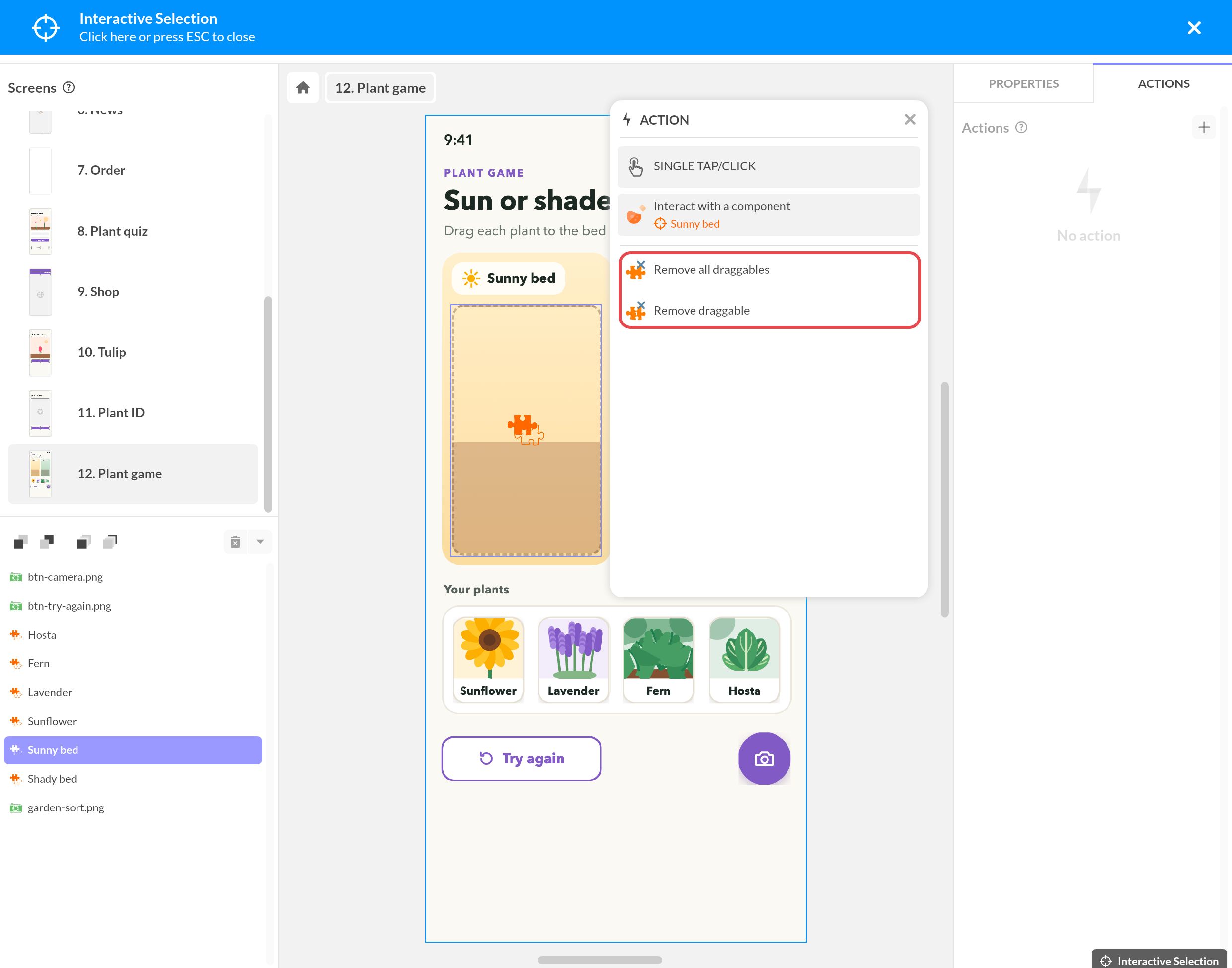 Try again button: on Single tap/click, Interact with a component on Sunny bed offers Remove all draggables and Remove draggable
