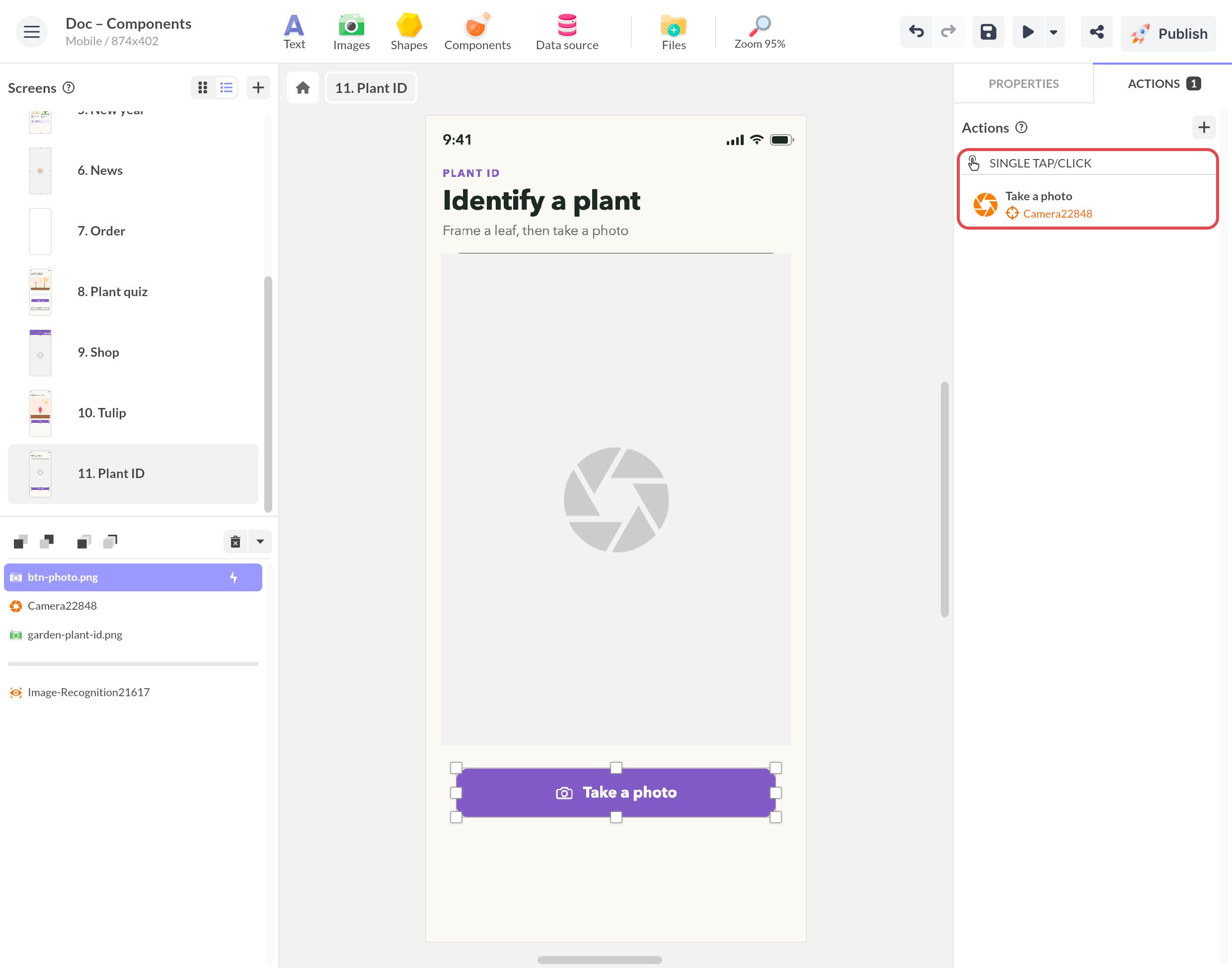 “Take a photo” button of a plant ID screen selected in PandaSuite Studio: on Single tap/click, Take a photo on the Camera component
