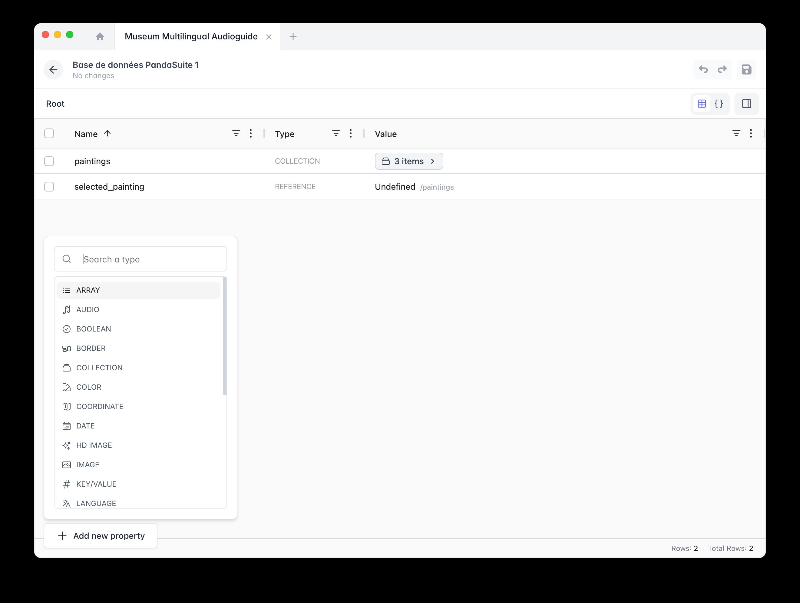 Property type selection menu in the Datastore: Array, Audio, Boolean, Border, Collection, Color, Coordinate, Date, HD Image, Image, Key/Value, Language...