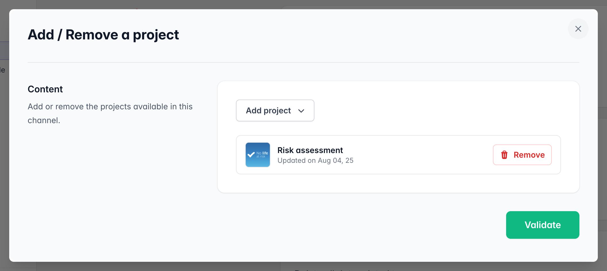 Fenêtre Add / Remove a project : menu Add project, un projet avec son bouton Remove, et bouton Validate