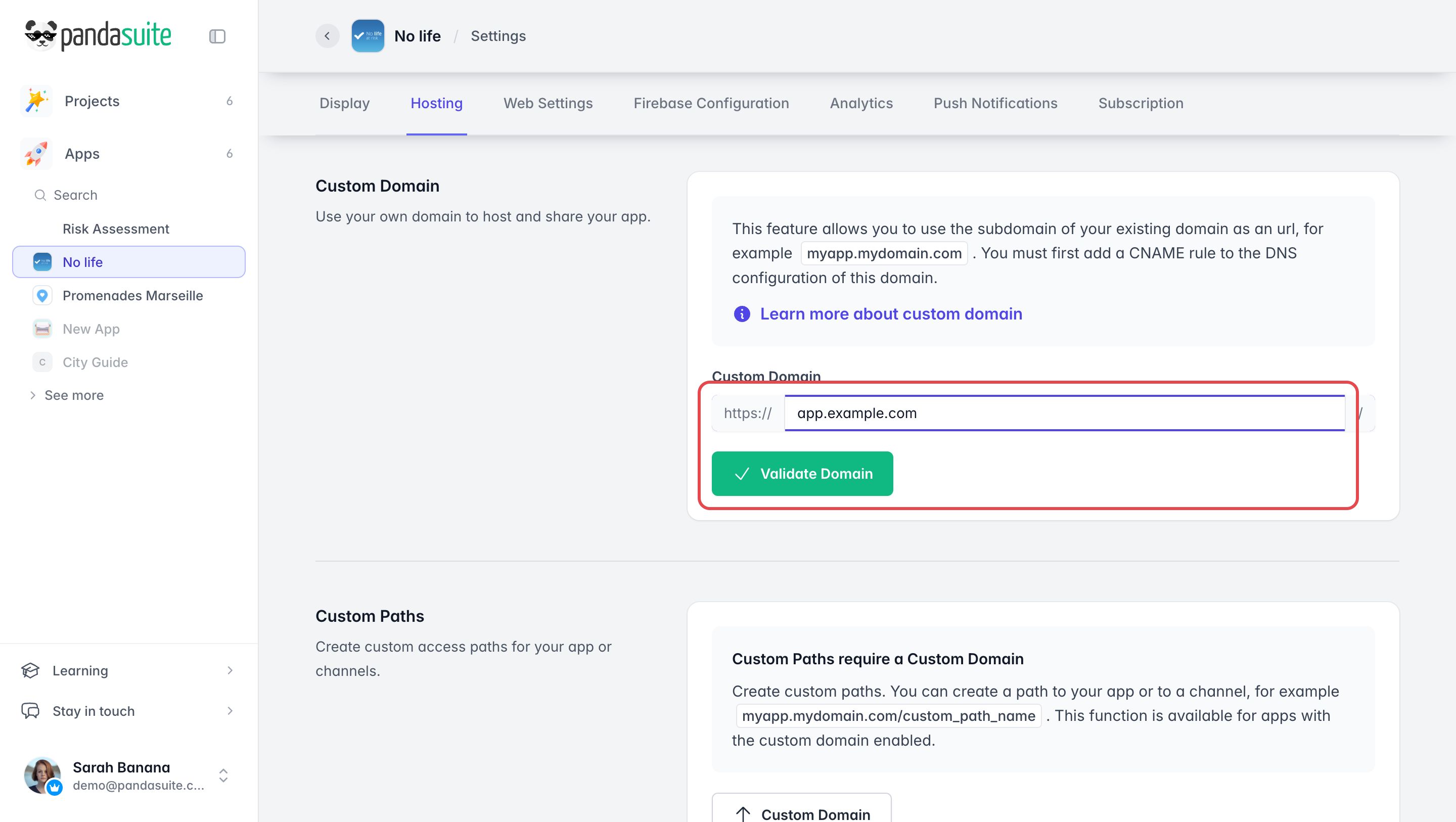Custom Domain section of the Hosting tab: the domain entered after https:// and the Validate Domain button are framed