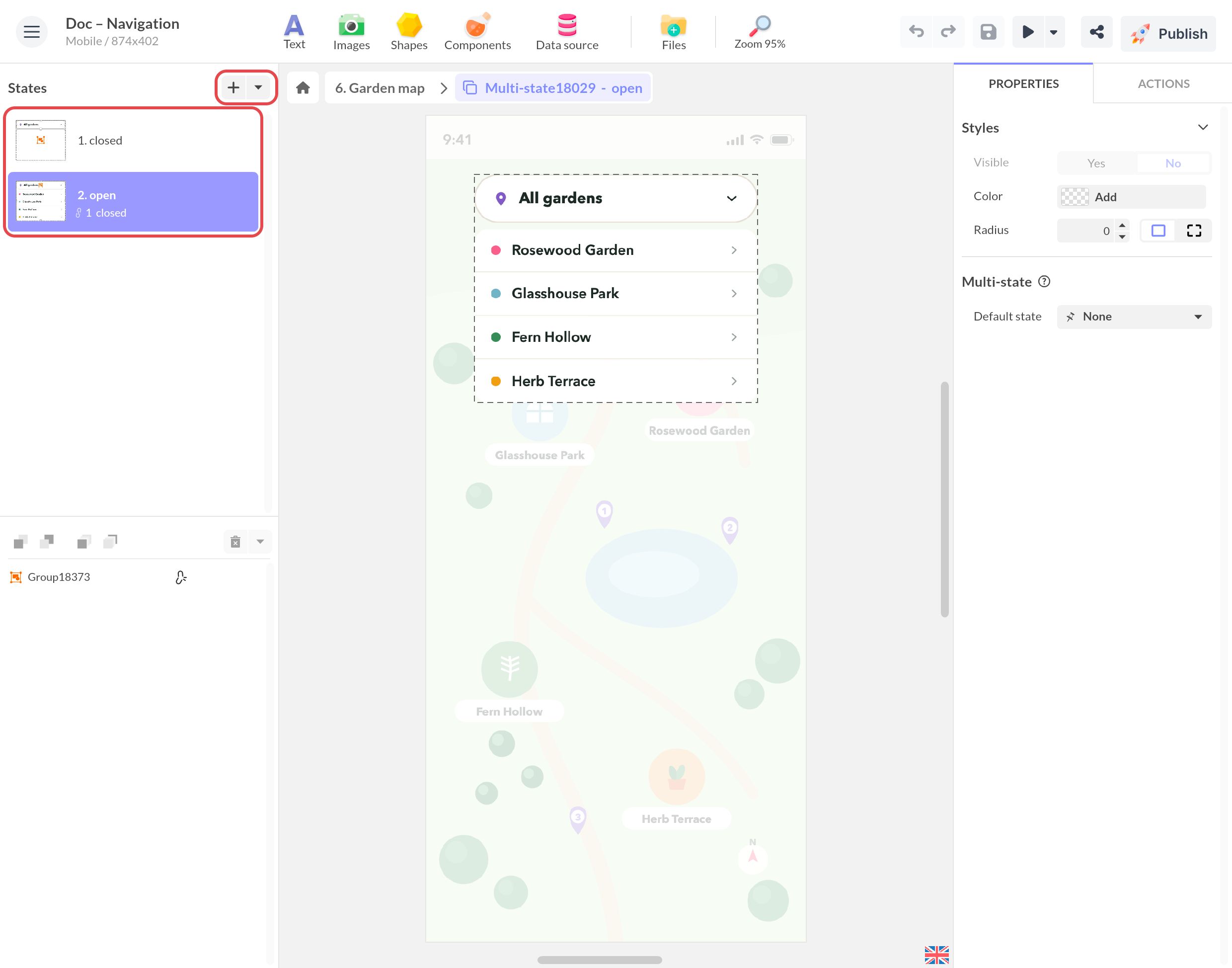 States panel of a Multi-state: the + button with its dropdown arrow, and the states 1. closed and 2. open, linked to the first