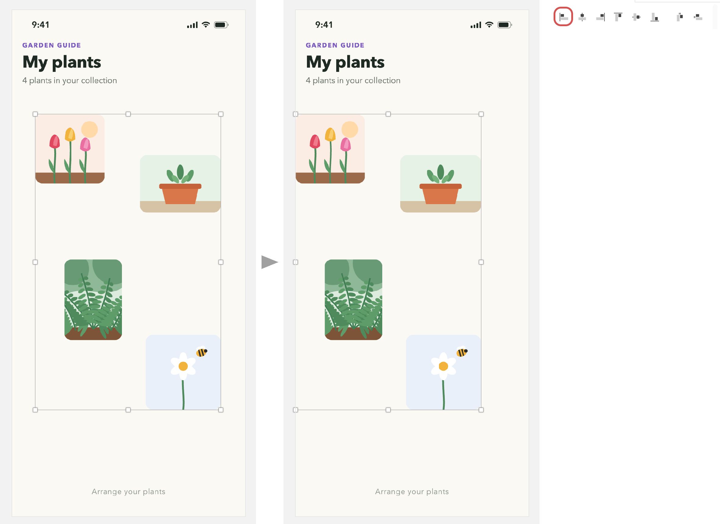 Before and after: Align left moves the four selected plant tiles together against the left edge of the workspace