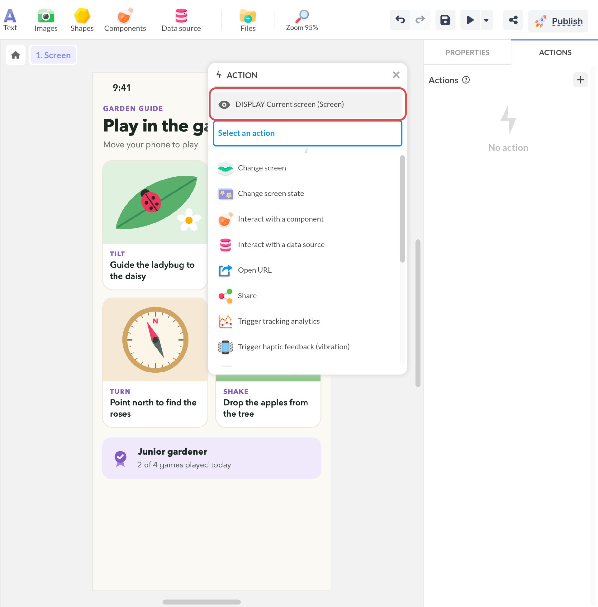 Action window of a screen with no object selected: the Display current screen trigger, then the list of actions, such as Change screen