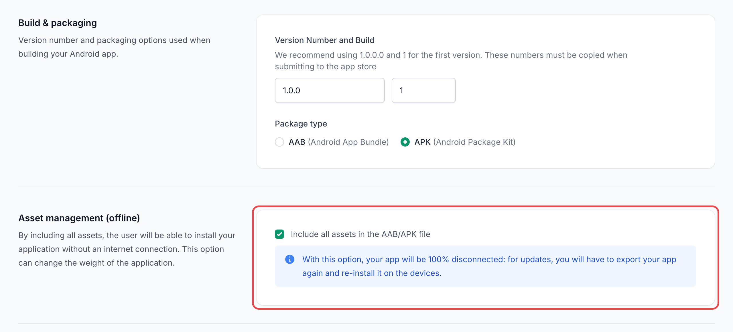 Export your AAB/APK file form: version and build, APK package type, and the framed option Include all assets in the AAB/APK file