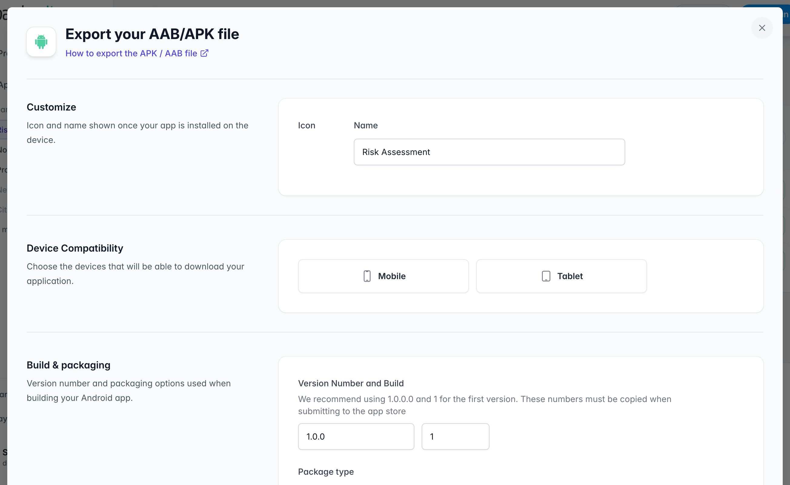 Formulaire Export your AAB/APK file : icône et nom, compatibilité Mobile ou Tablet, version et build