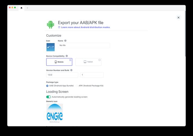 Export an APK / AAB file | PandaSuite Docs