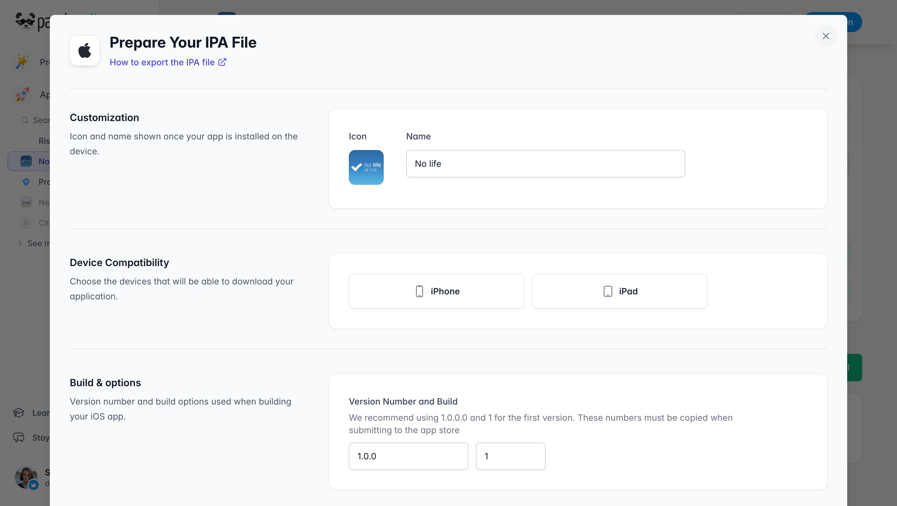 Prepare Your IPA File form in the dashboard: app icon and name, iPhone or iPad compatibility, version and build numbers