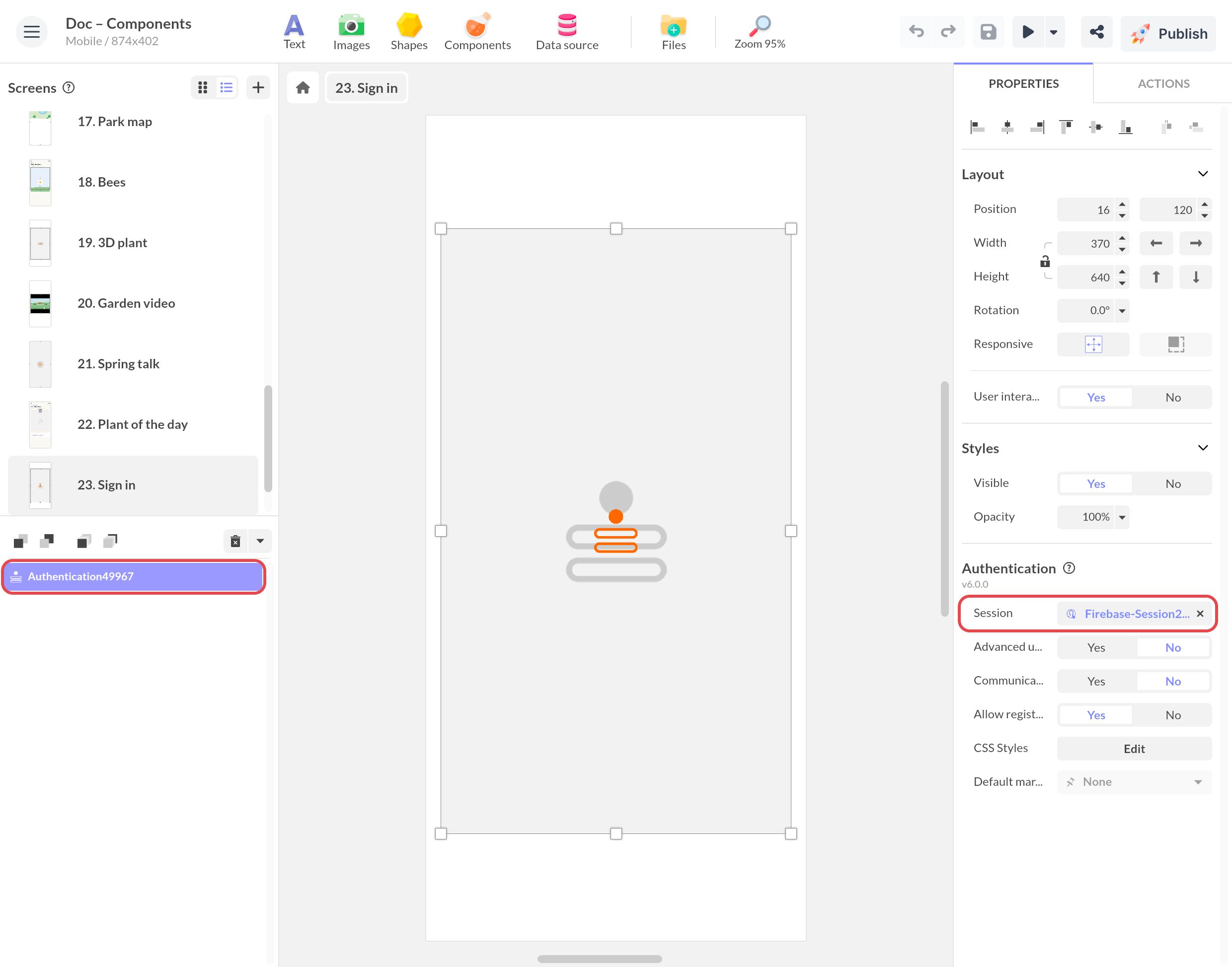 Authentication component selected on the Sign in screen; in its properties, Session is linked to a Firebase Session