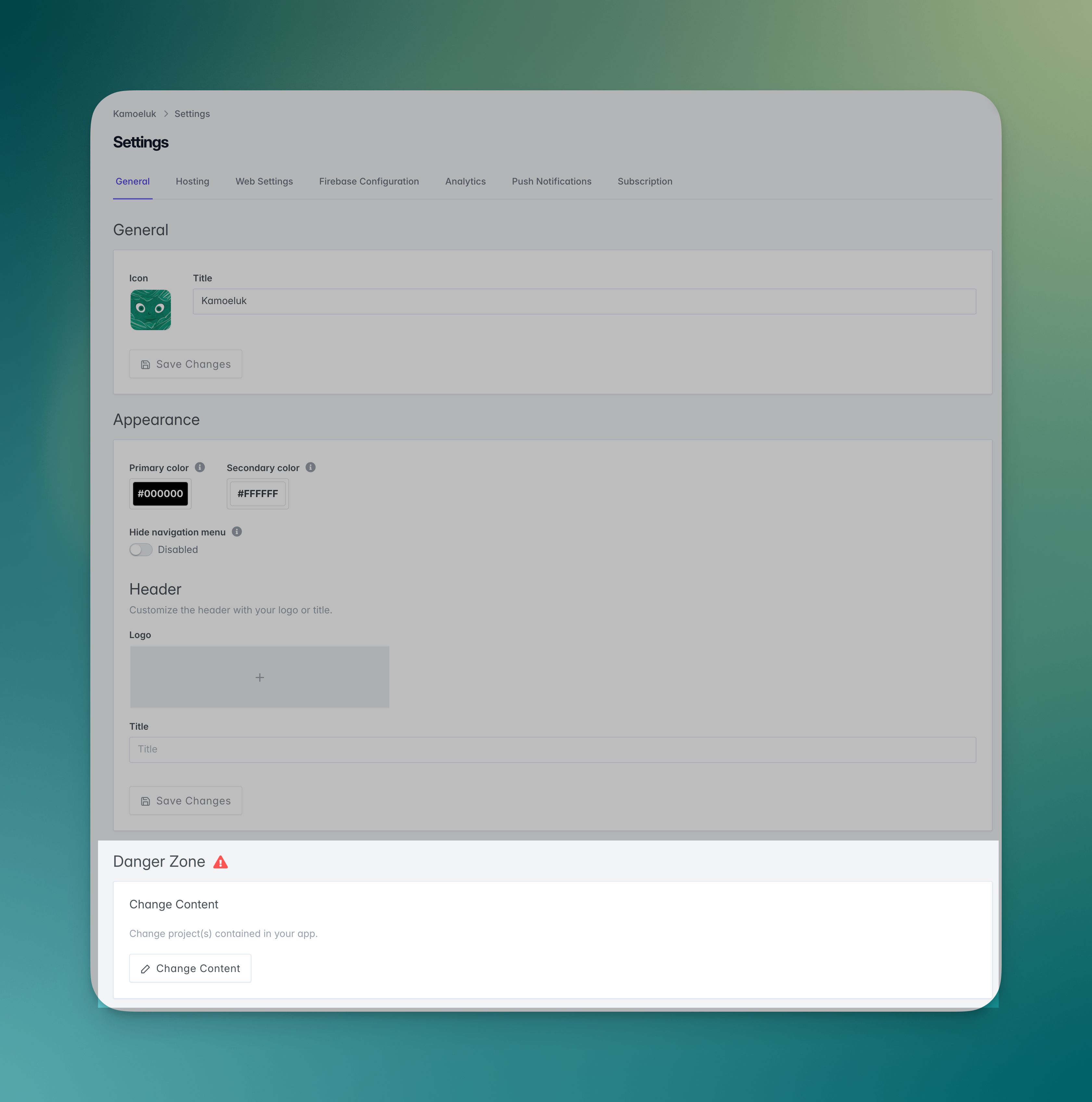 Bouton Change Content dans la Danger Zone des Settings