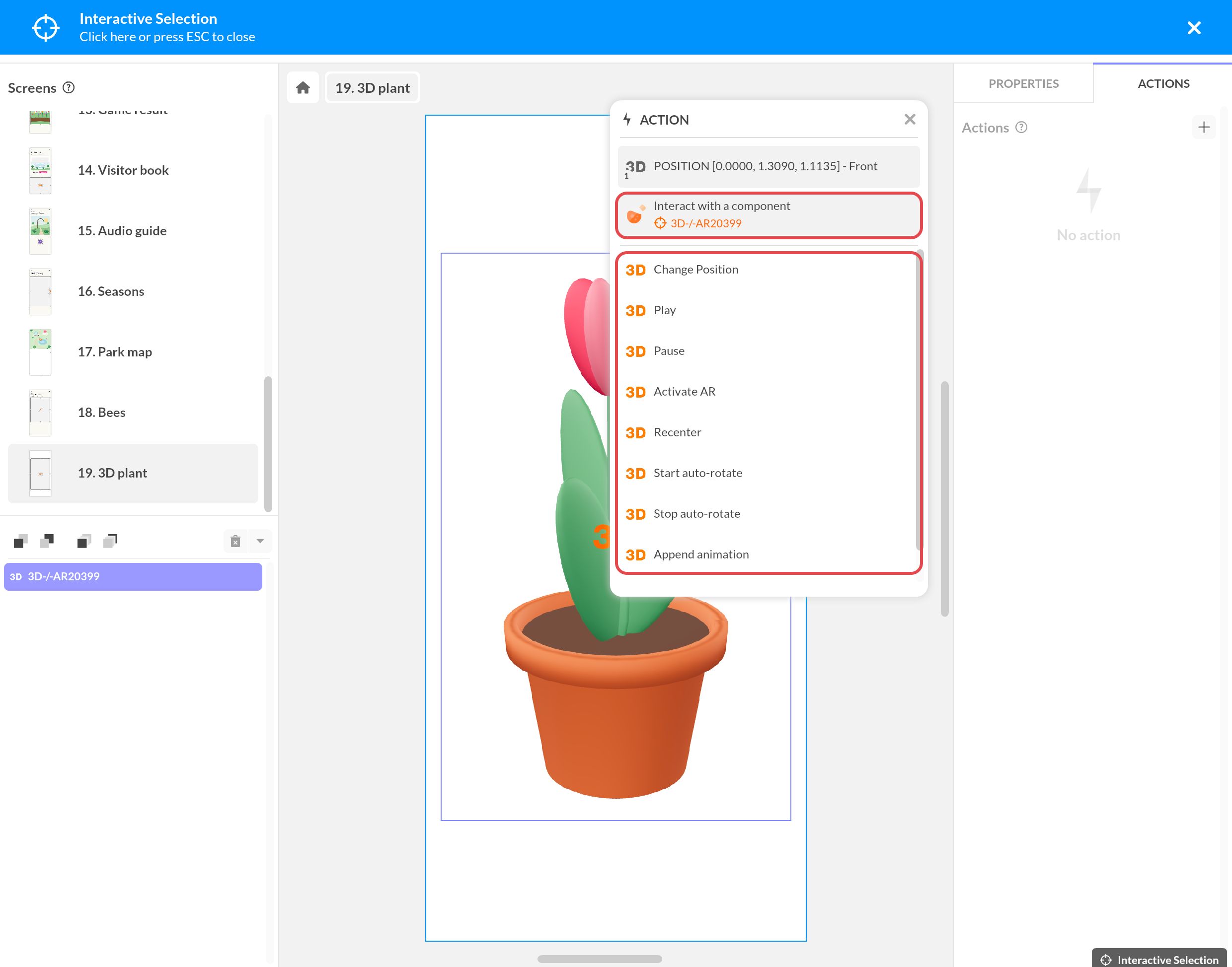 Interact with a component on the 3D / AR component: Change Position, Play, Pause, Activate AR, Recenter, auto-rotate and more