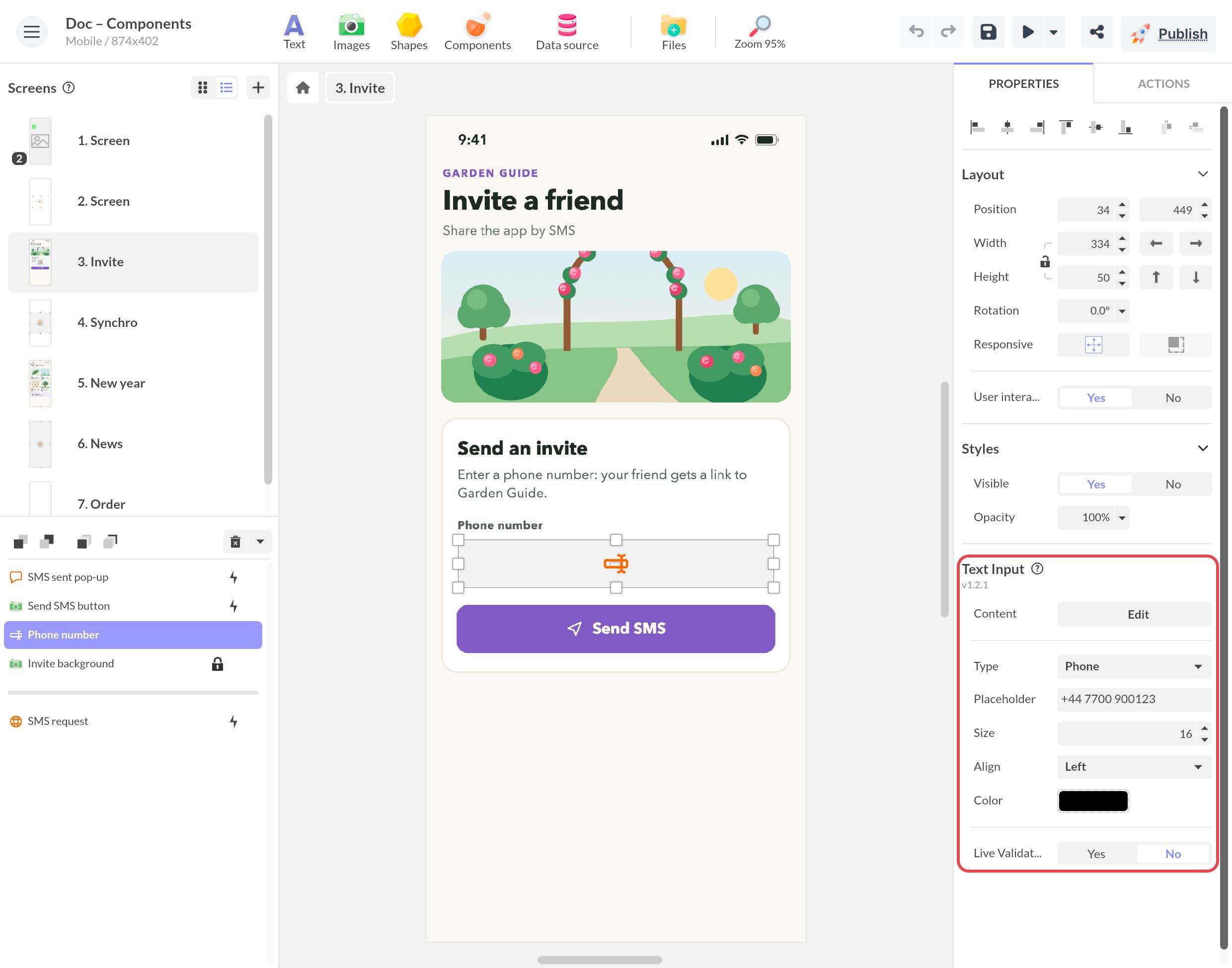 Propriétés de la Saisie de texte à droite : contenu, type, texte d'exemple, taille, alignement, couleur et validation en direct