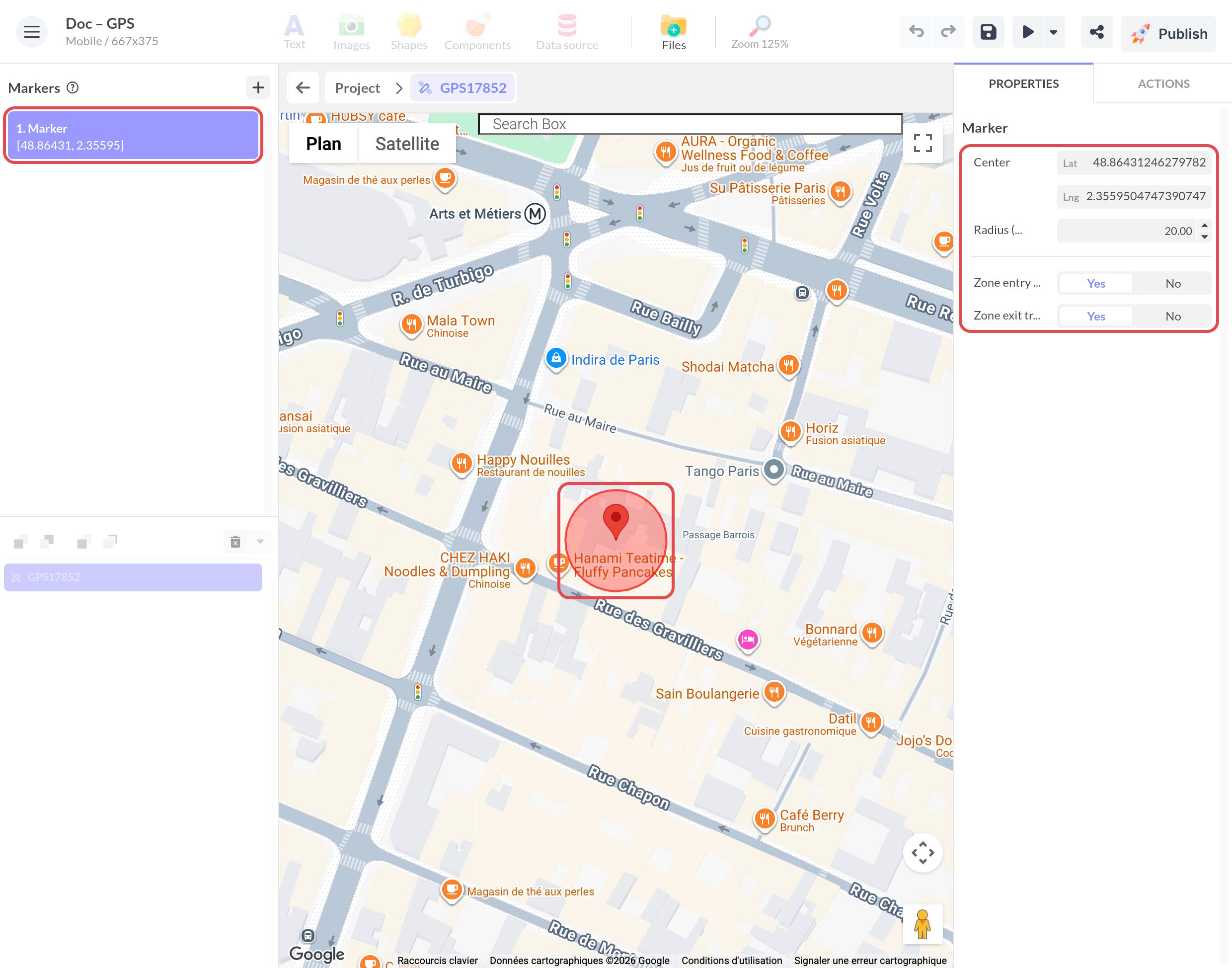 Marker 1, its red detection zone on the map and its properties (center, 20 m radius, zone entry and exit detection), framed