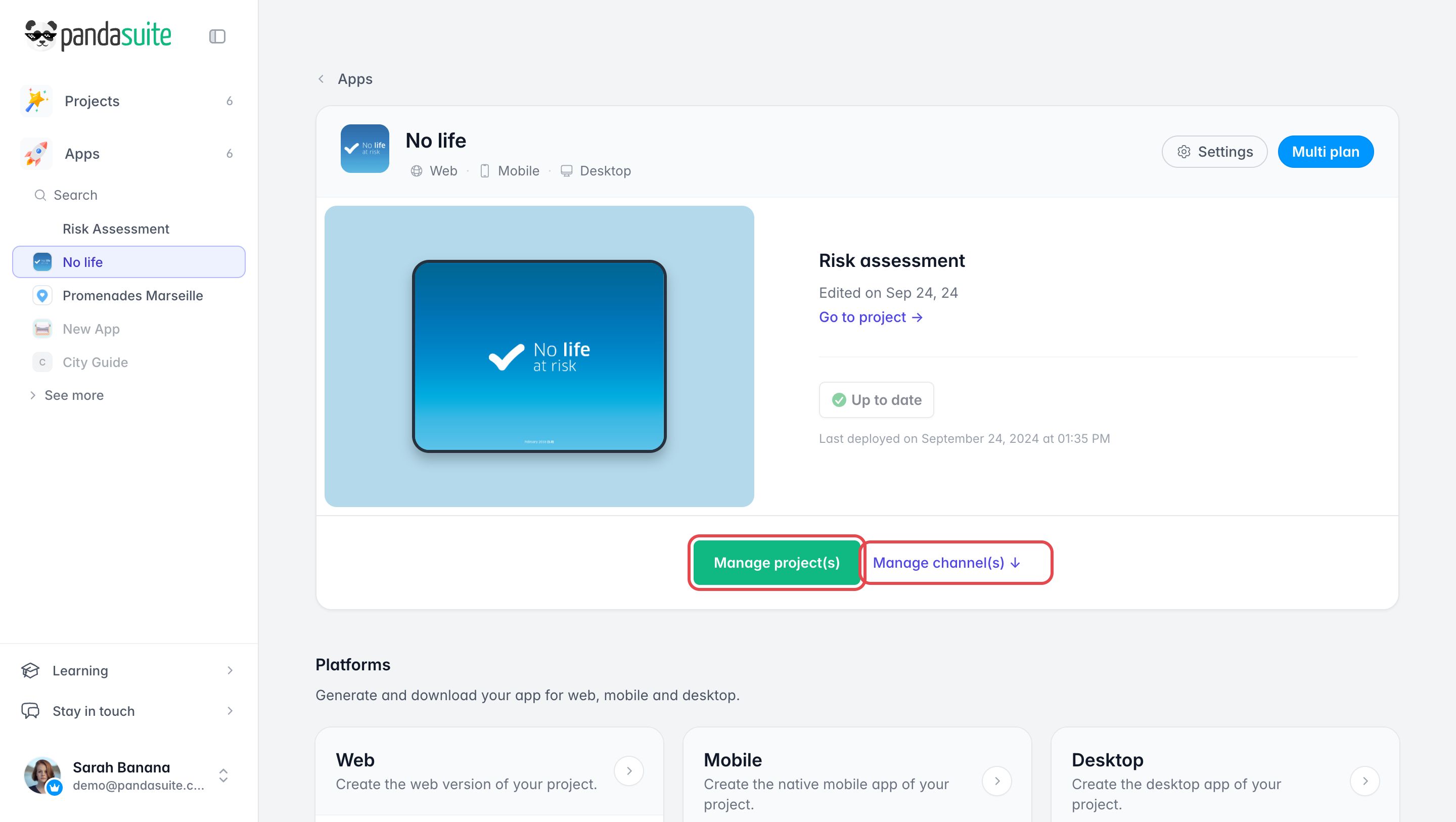 Page of a Multi app: its default project, with the Manage project(s) and Manage channel(s) buttons framed