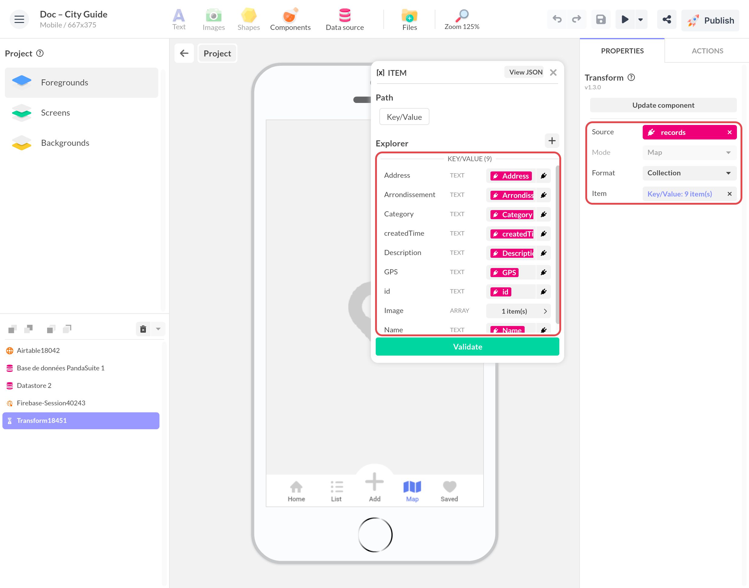 Transform set on the Airtable response: Source records, Format Collection, and an Item with the Airtable fields (Address, Category, GPS…), framed