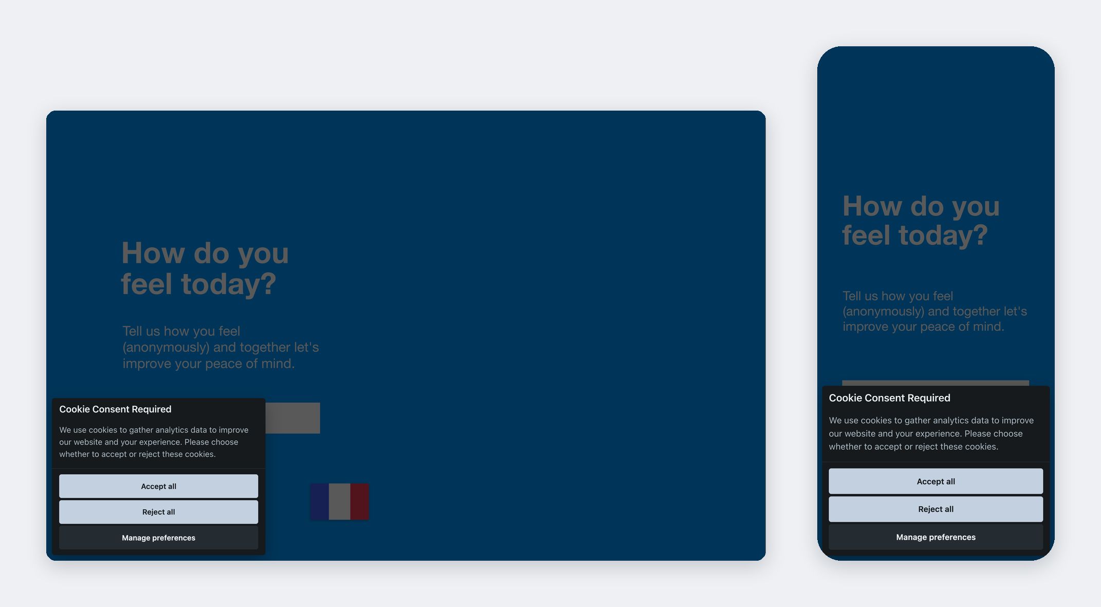 Bannière de cookies d'une web app de démo sur ordinateur et sur mobile, ici en anglais : boutons Accept all, Reject all et Manage preferences