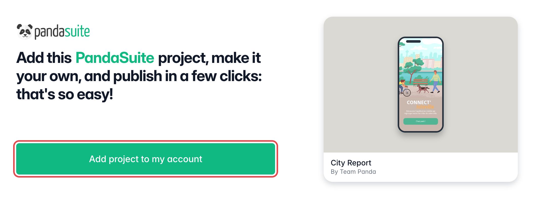 Page d'un lien de template : aperçu du projet City Report par Team Panda et bouton Add project to my account encadré