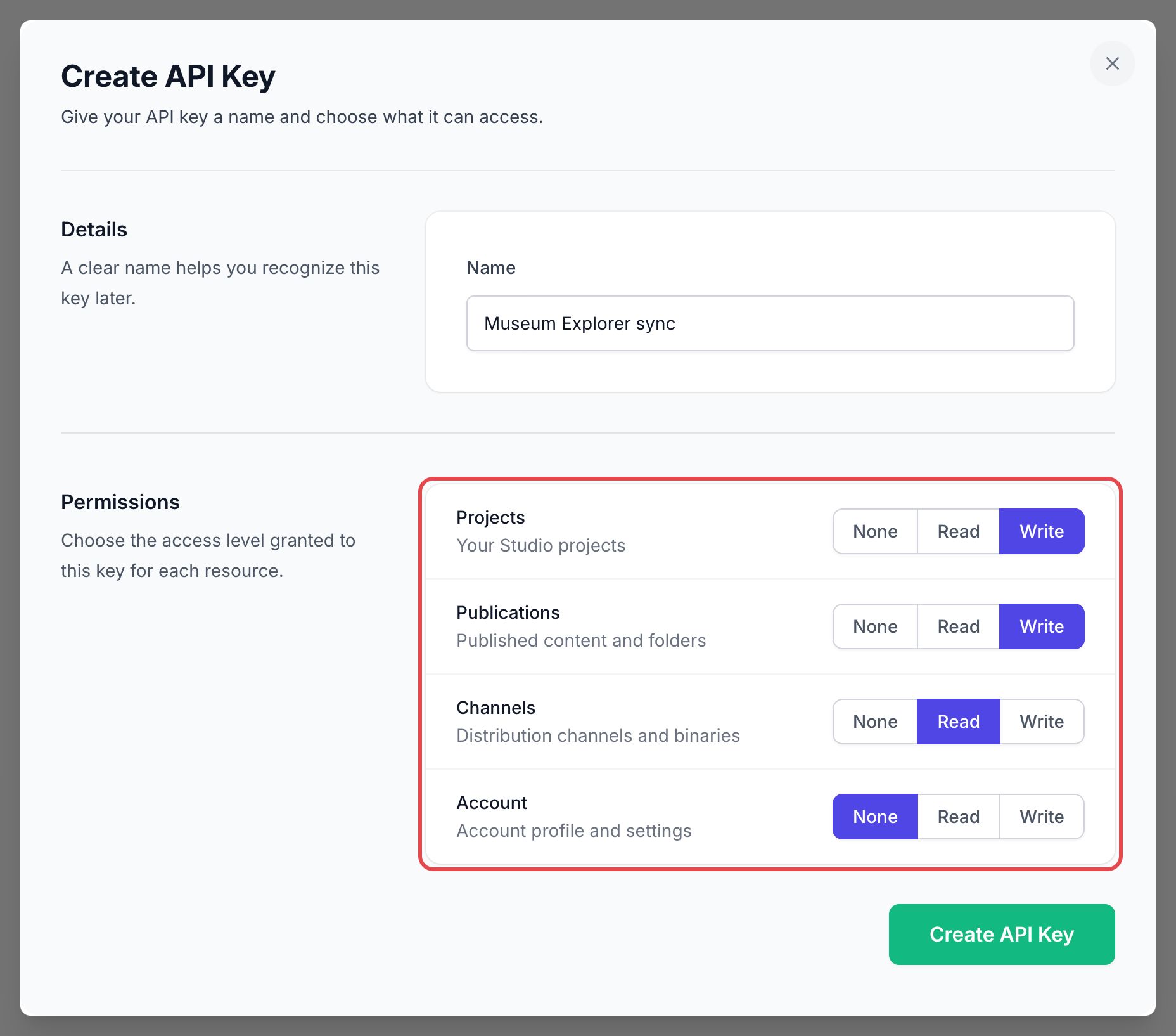 Fenêtre Create API Key : le nom, et les Permissions encadrées : Write pour Projects et Publications, Read pour Channels, None pour Account