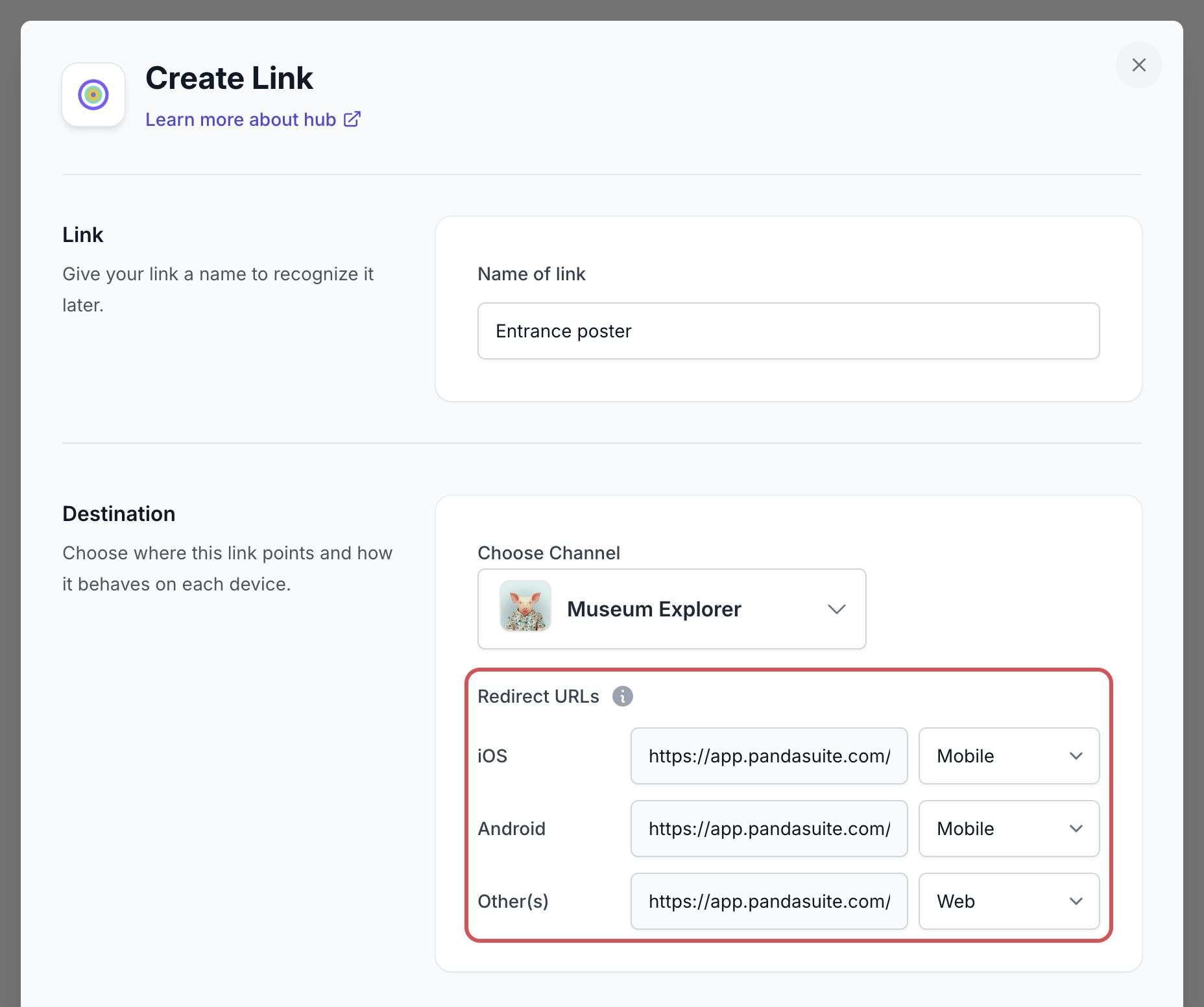 Fenêtre Create Link : le nom du lien, la section Destination, et les Redirect URLs pour iOS, Android et les autres appareils encadrées
