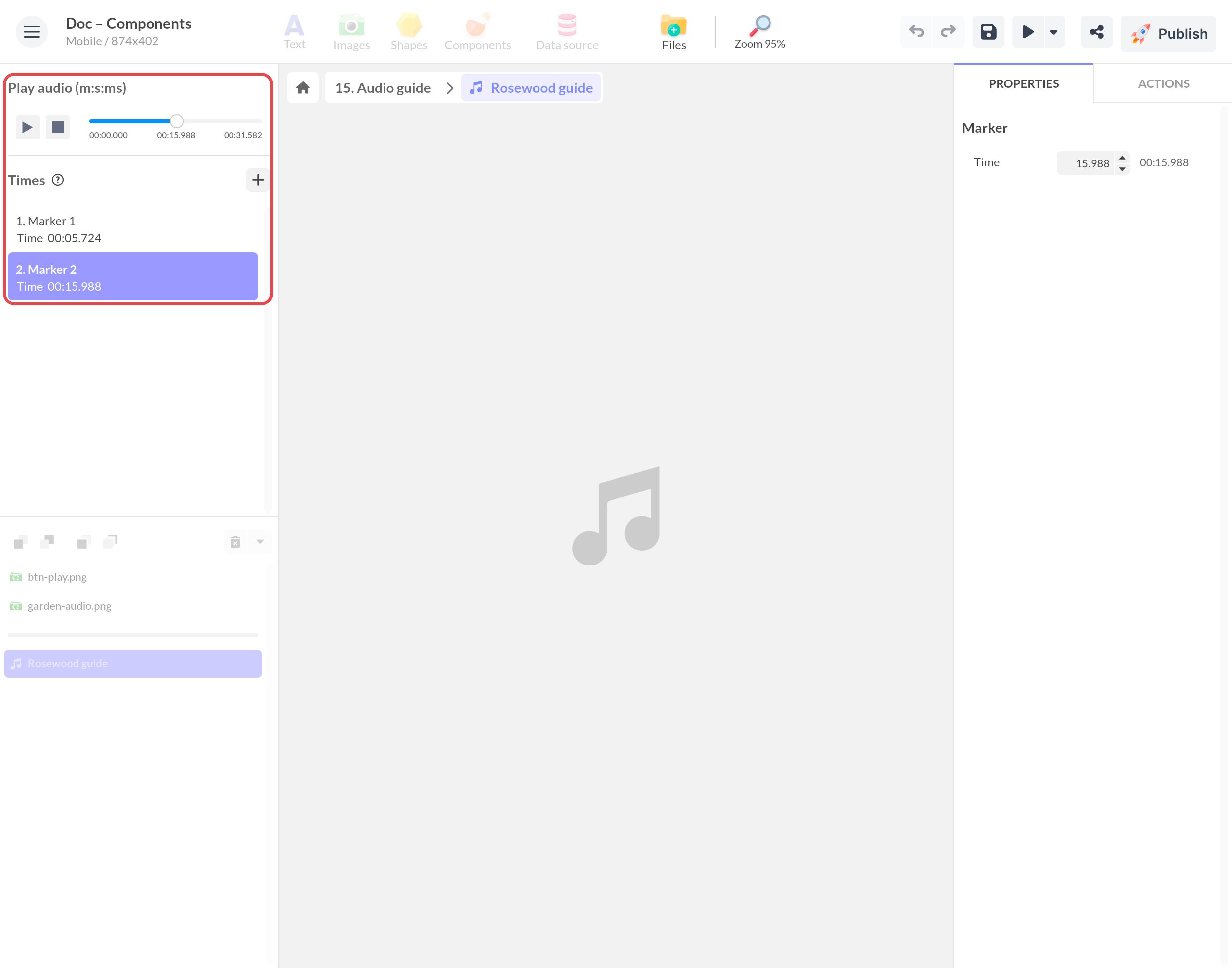 Inside the Audio component: a player to browse the audio and the Times list with two markers, at 00:05 and 00:15