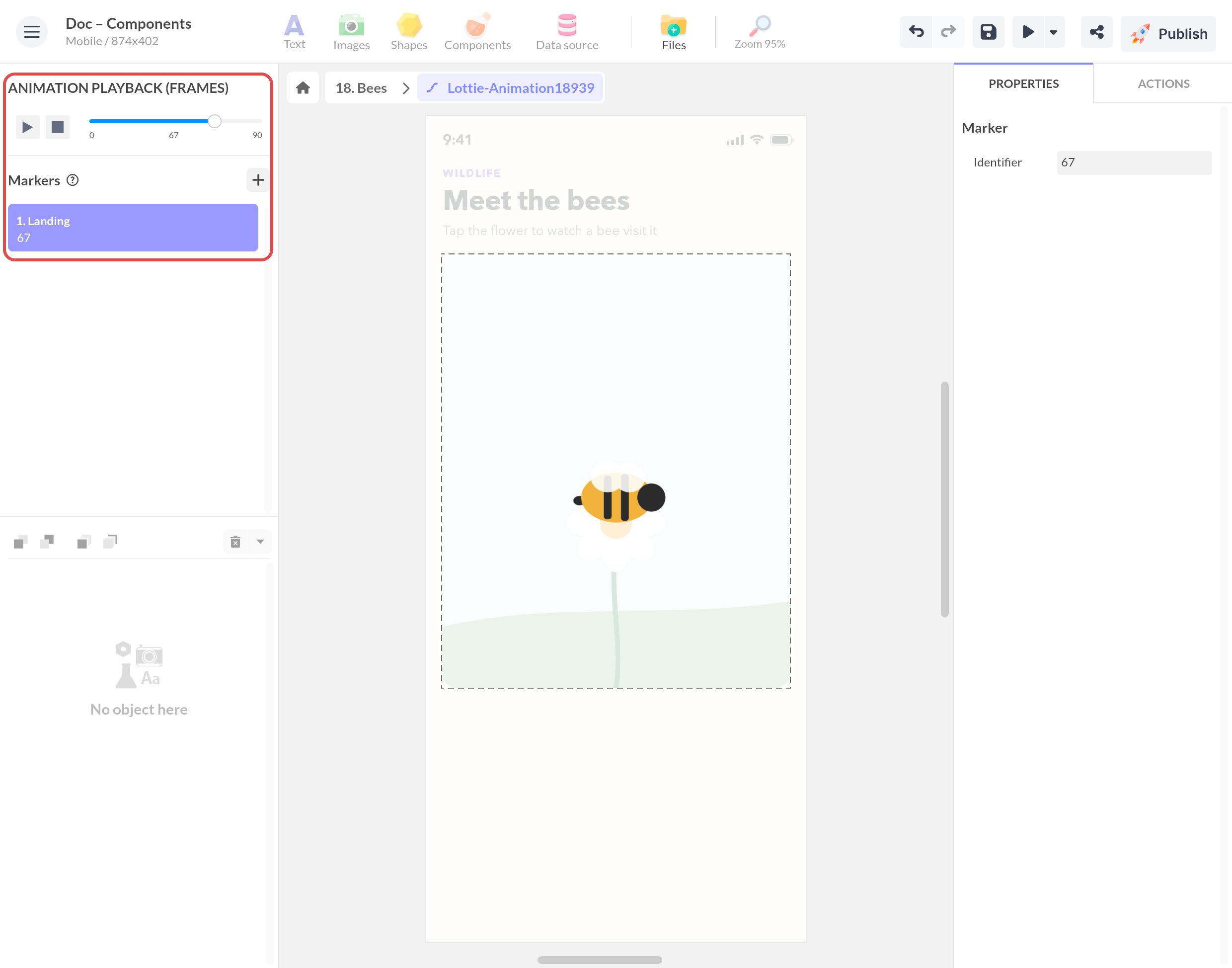 Lottie edition window of a bee animation: playback stopped at frame 67 of 90, where the Landing marker is created with the + button