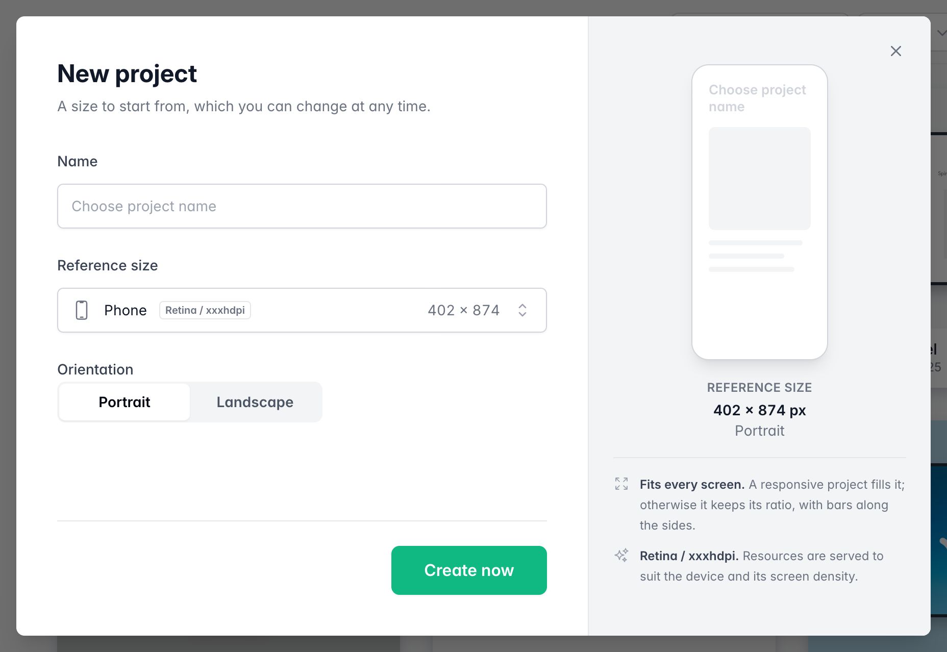 New project window in the dashboard: name, Phone reference size in portrait orientation, and the Create now button
