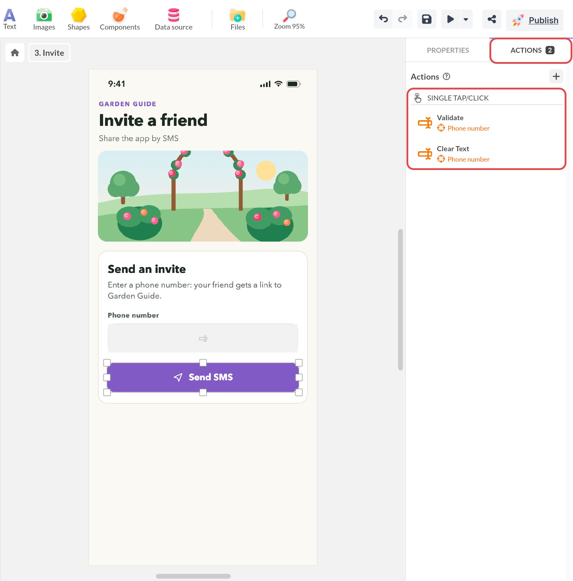 Bouton Send SMS sélectionné, avec deux actions au tape clic sur le composant Phone number : Validate et Clear Text