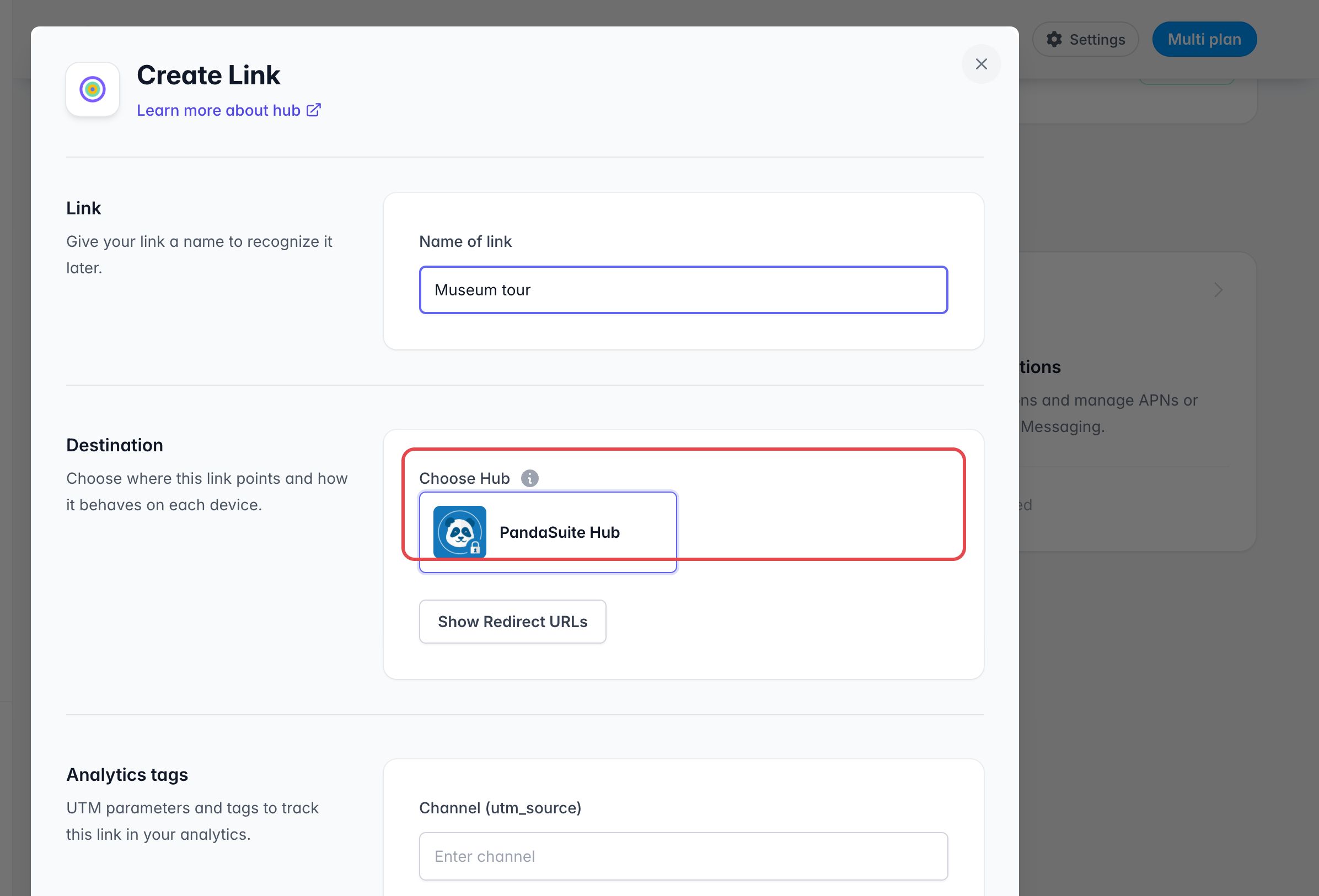 Create Link window: the link name, and PandaSuite Hub framed as the chosen hub