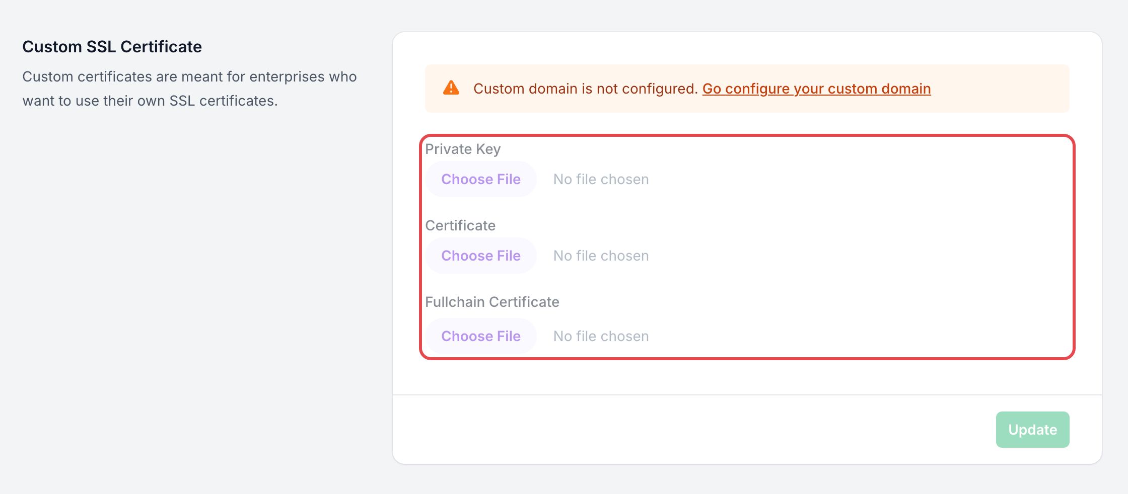 Custom SSL Certificate section of an app's security page: the Private Key, Certificate and Fullchain Certificate fields are framed