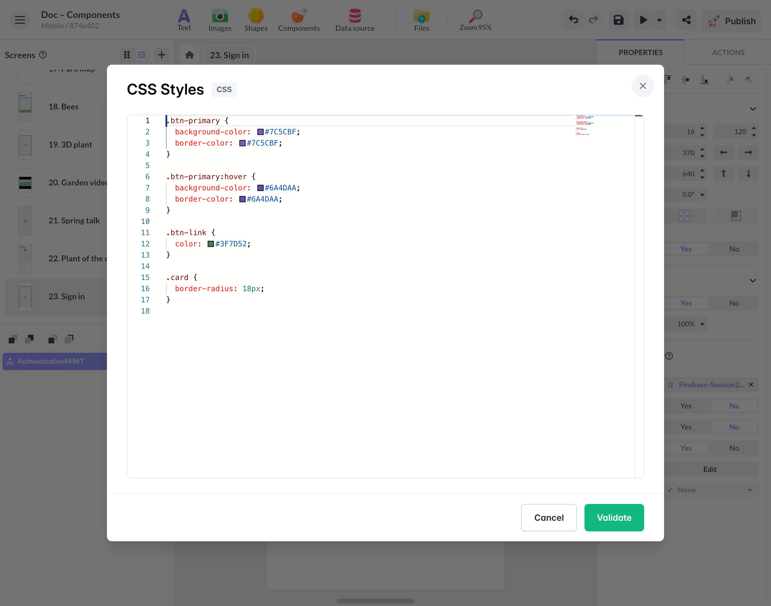CSS Styles editor of the Authentication component, with rules for the primary buttons, their hover state, the link and the card corners