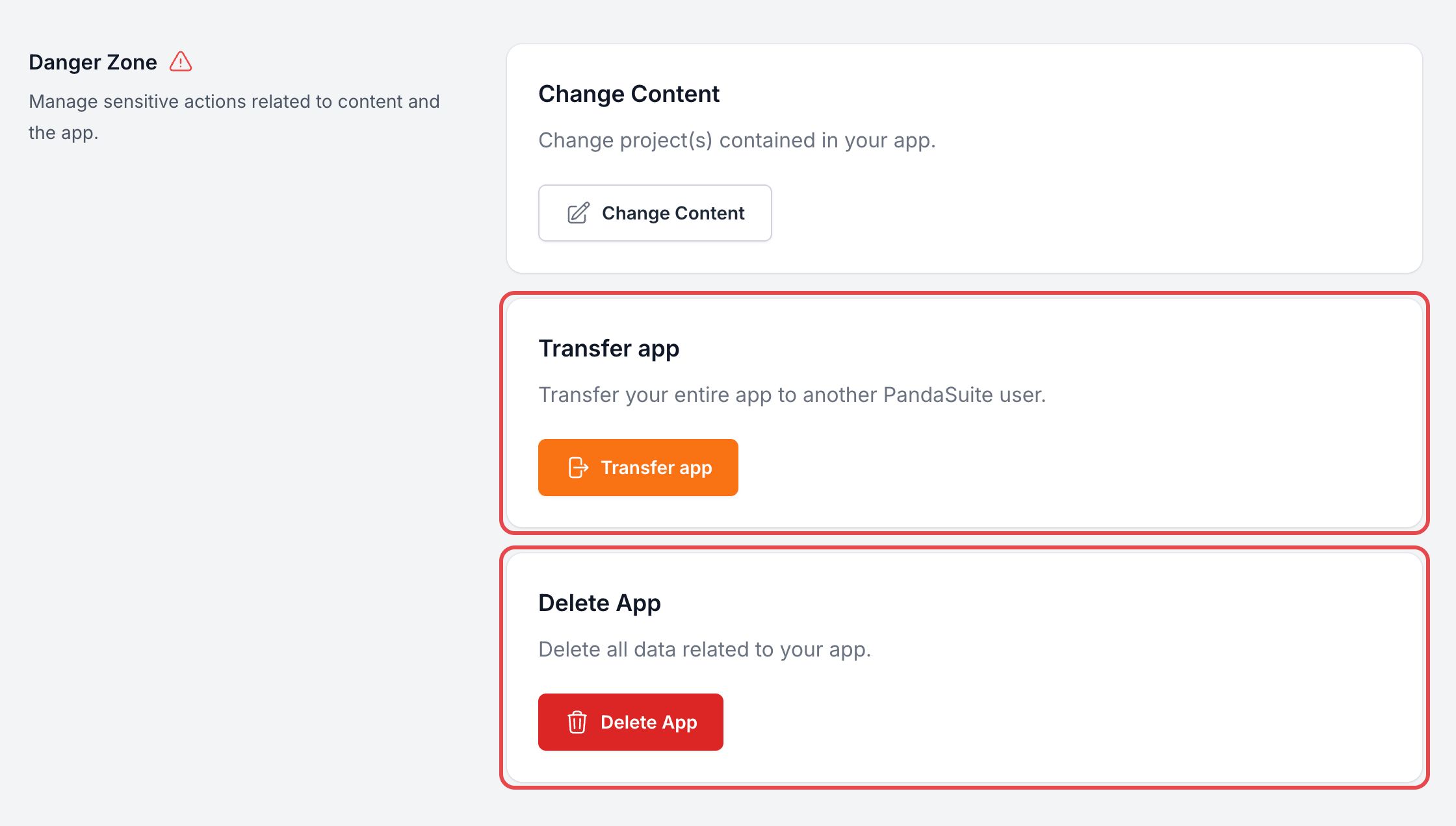 Section Danger Zone des paramètres de l'app : les cartes Transfer app et Delete App sont encadrées, sous Change Content