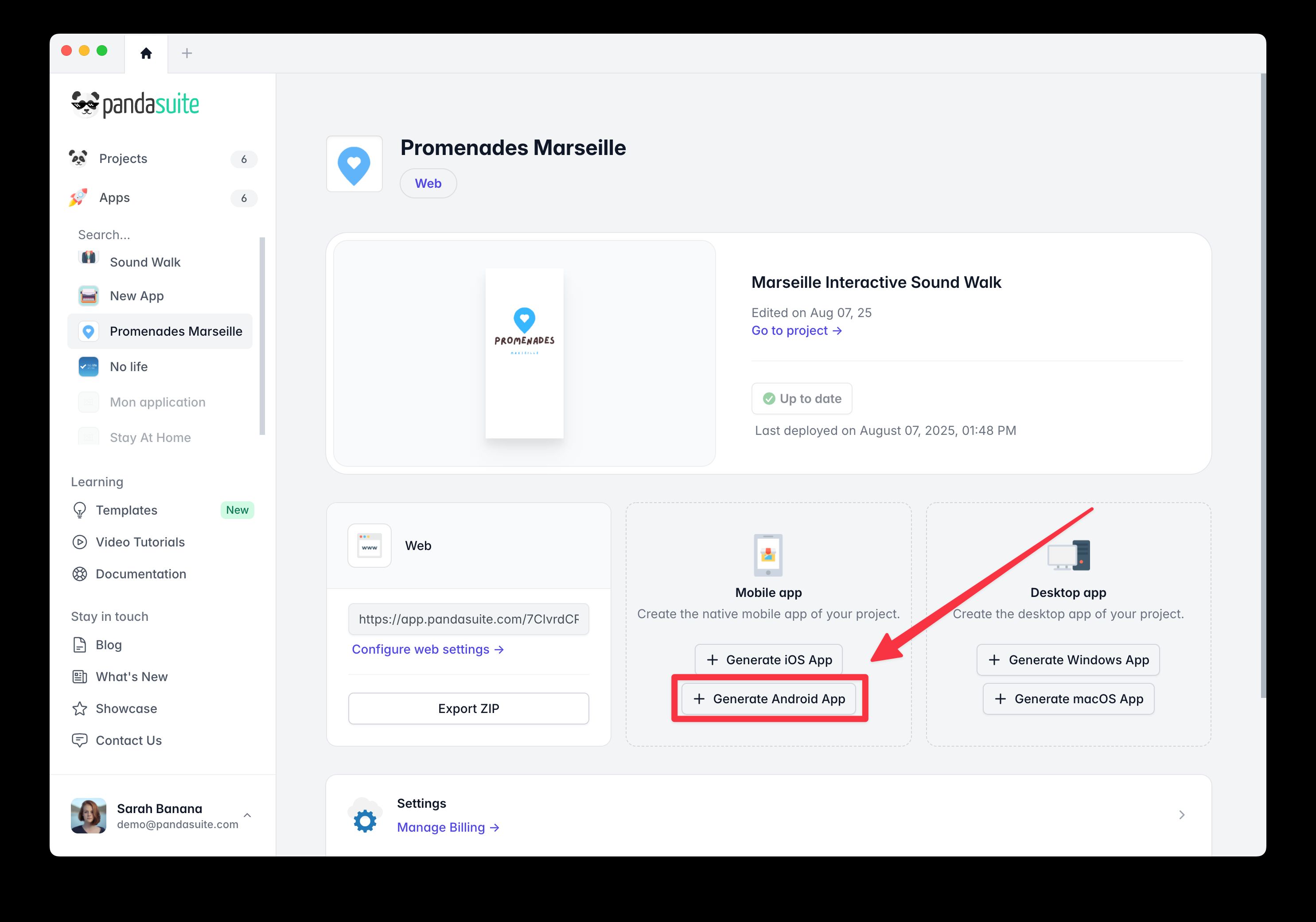Illustration of the dashboard and button to generate the Android application