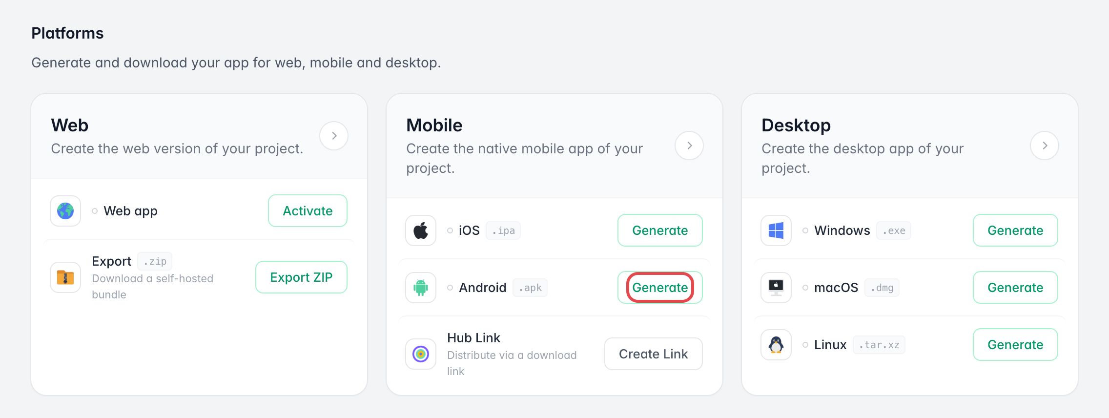 Carte Mobile de la section Platforms : le bouton Generate d'Android est encadré