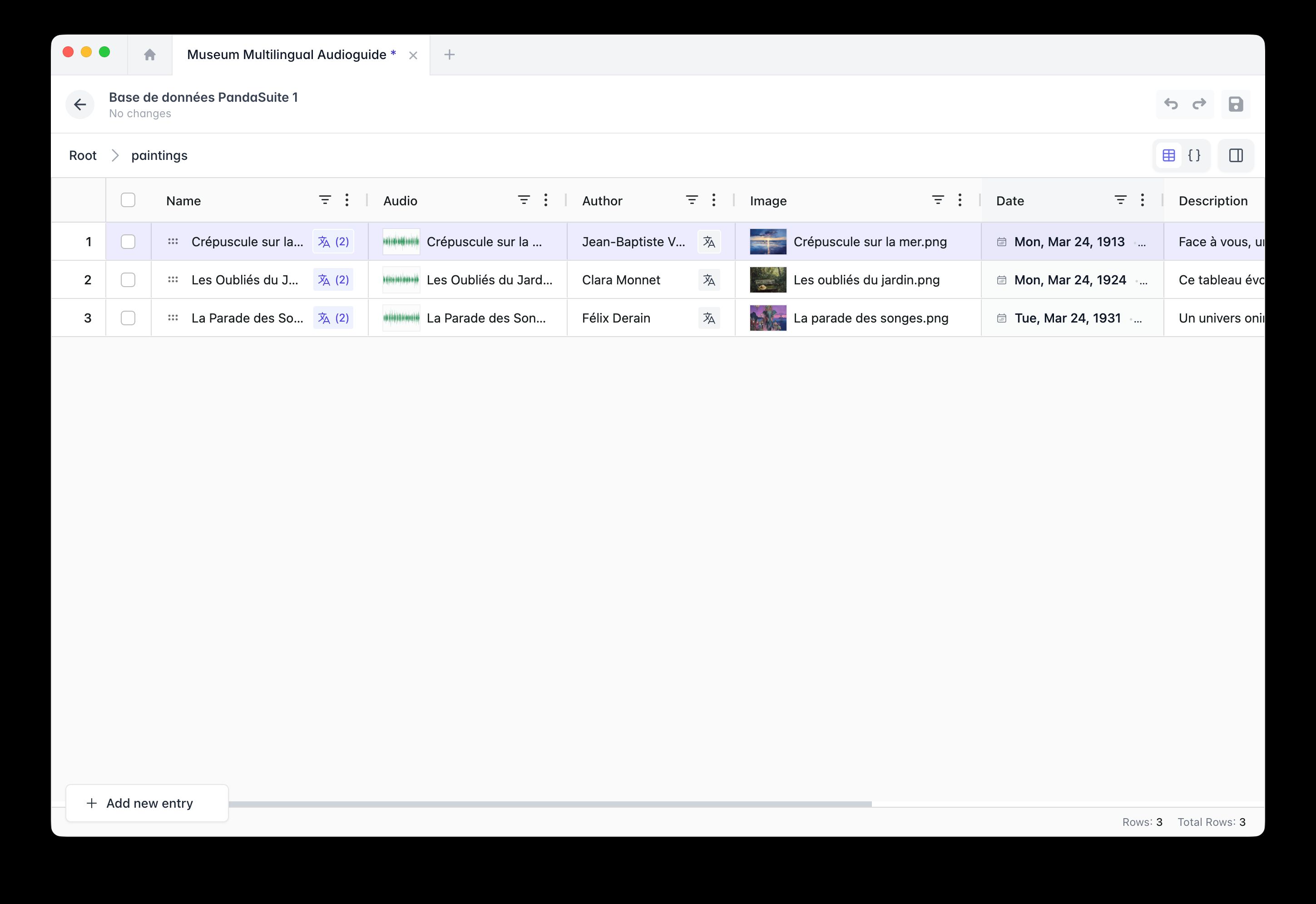 Datastore used as a CMS: a museum audioguide collection with Name, Audio, Author, Image, Date, and Description columns