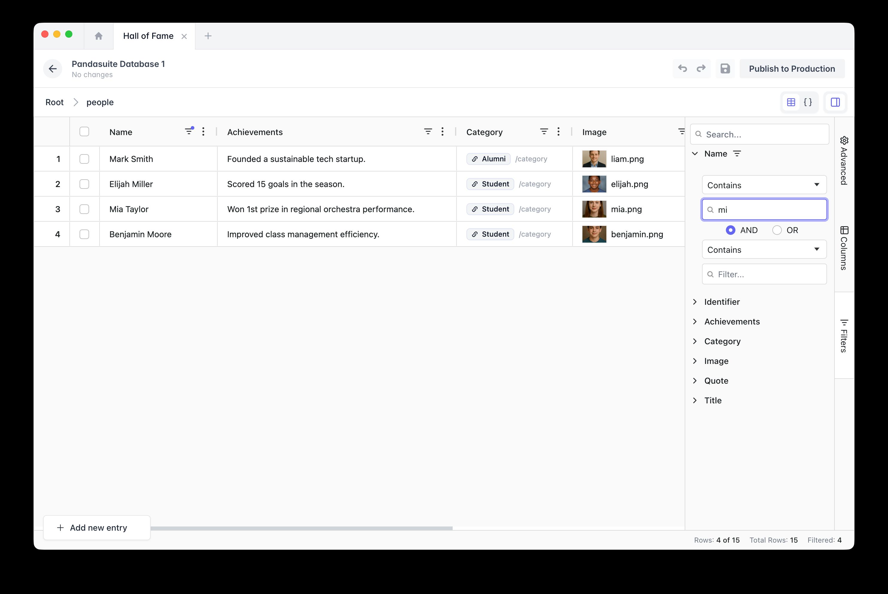 Datastore with the Advanced Filters panel open: filtering the people collection by name containing 'mi', with AND/OR logic and a list of available properties