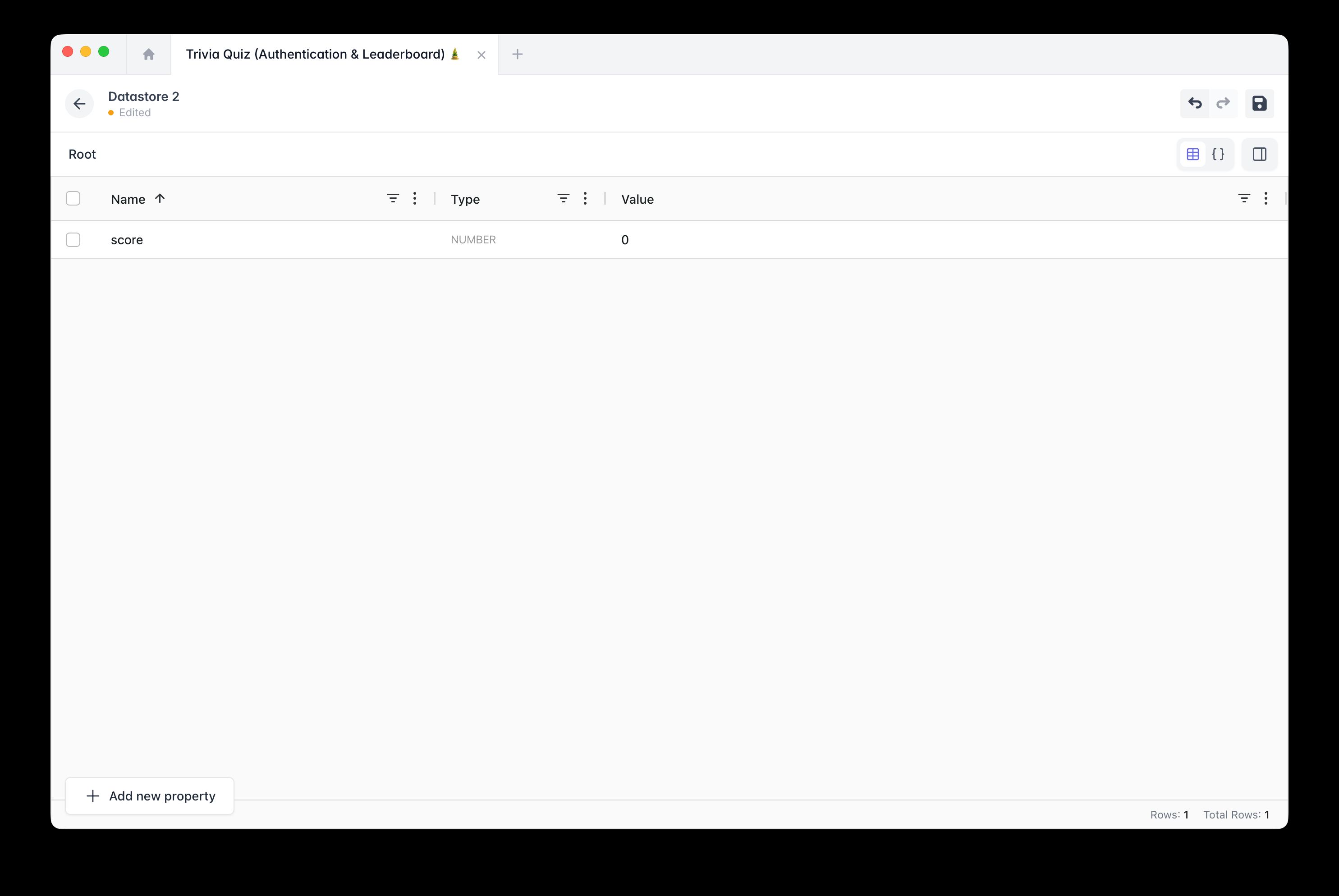 Datastore used as a local variable manager: a score property of type Number with a default value of 0