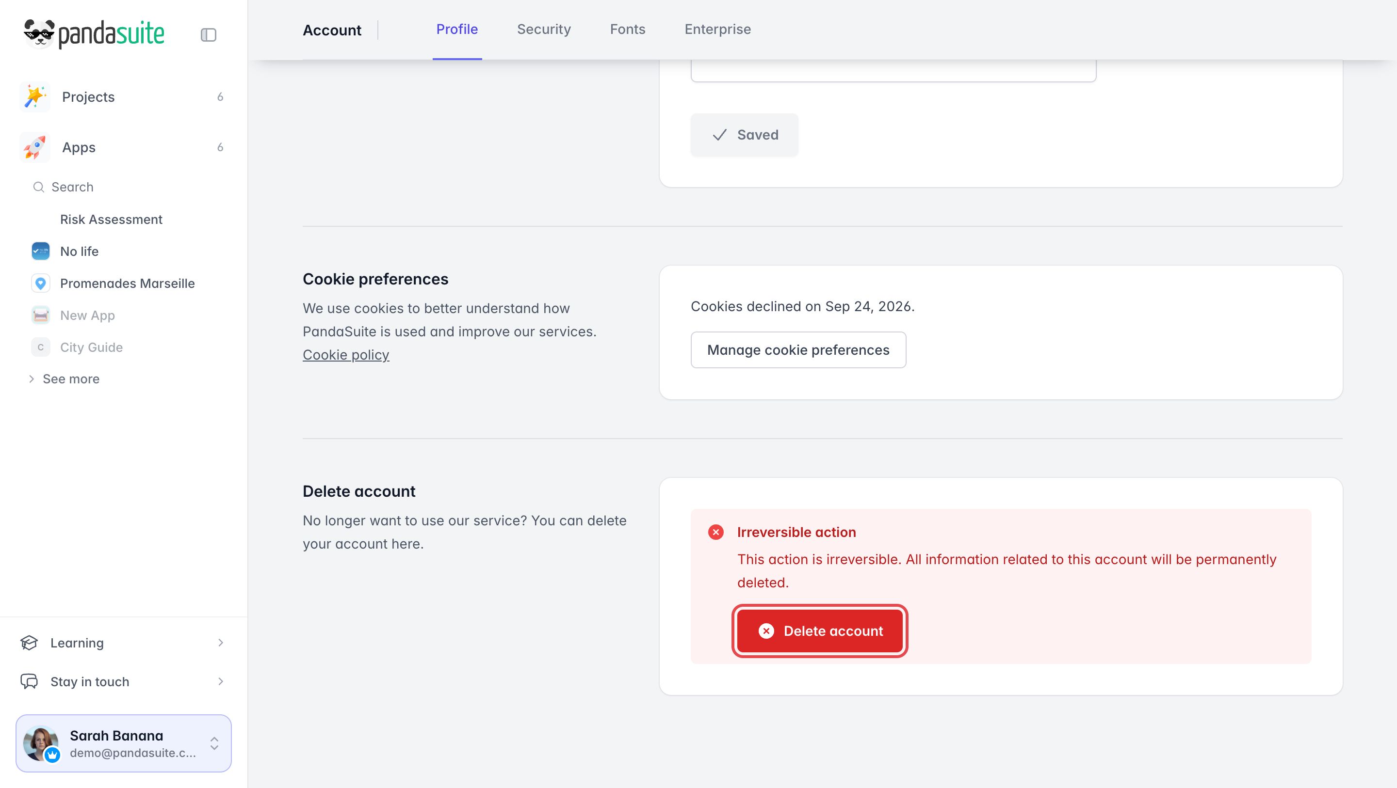 Bottom of the Profile tab: the Delete account section and its red Delete account button, framed
