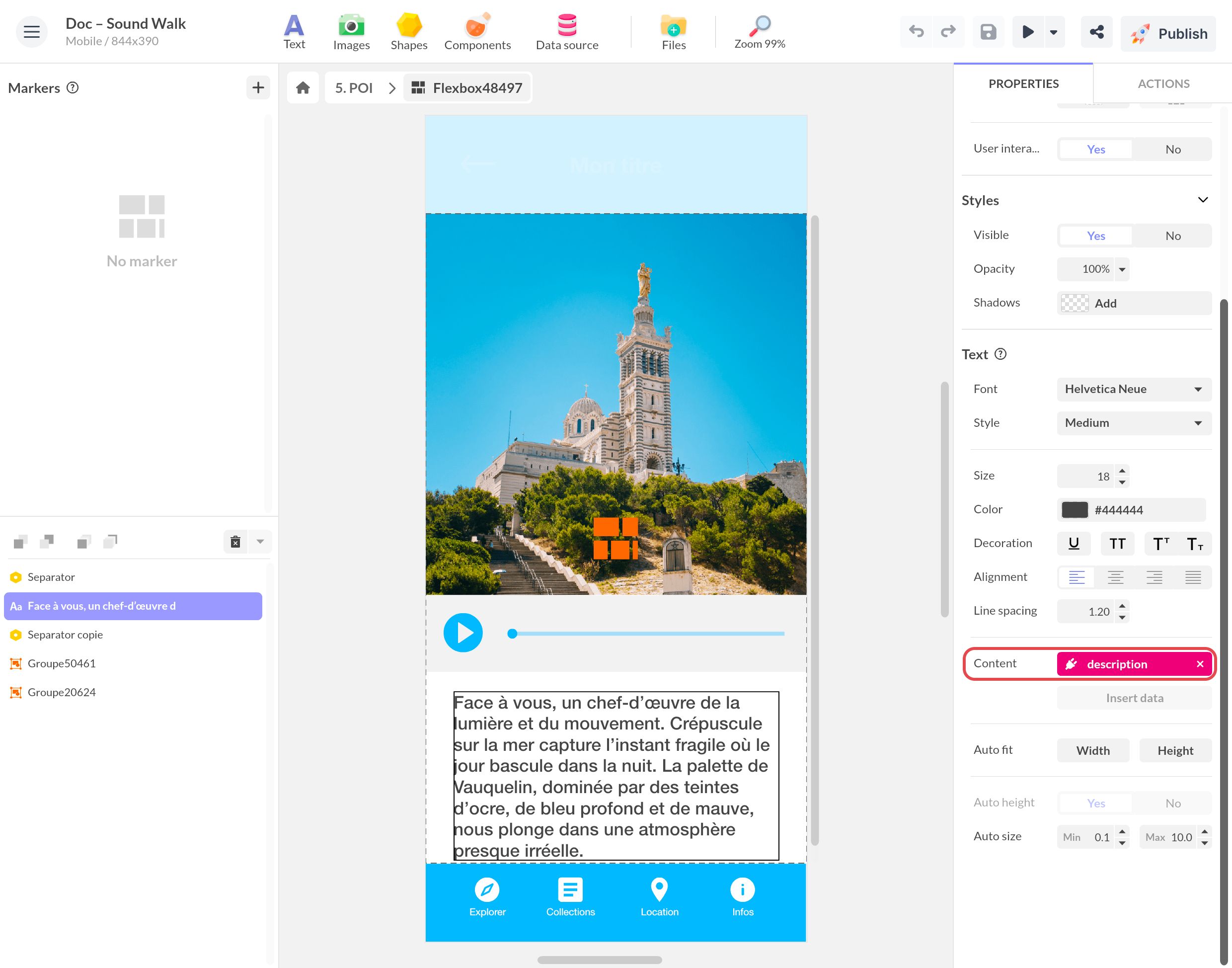 Screen 5. POI with the photo of Notre-Dame de la Garde and an audio player; the text Content is bound to the description field, framed