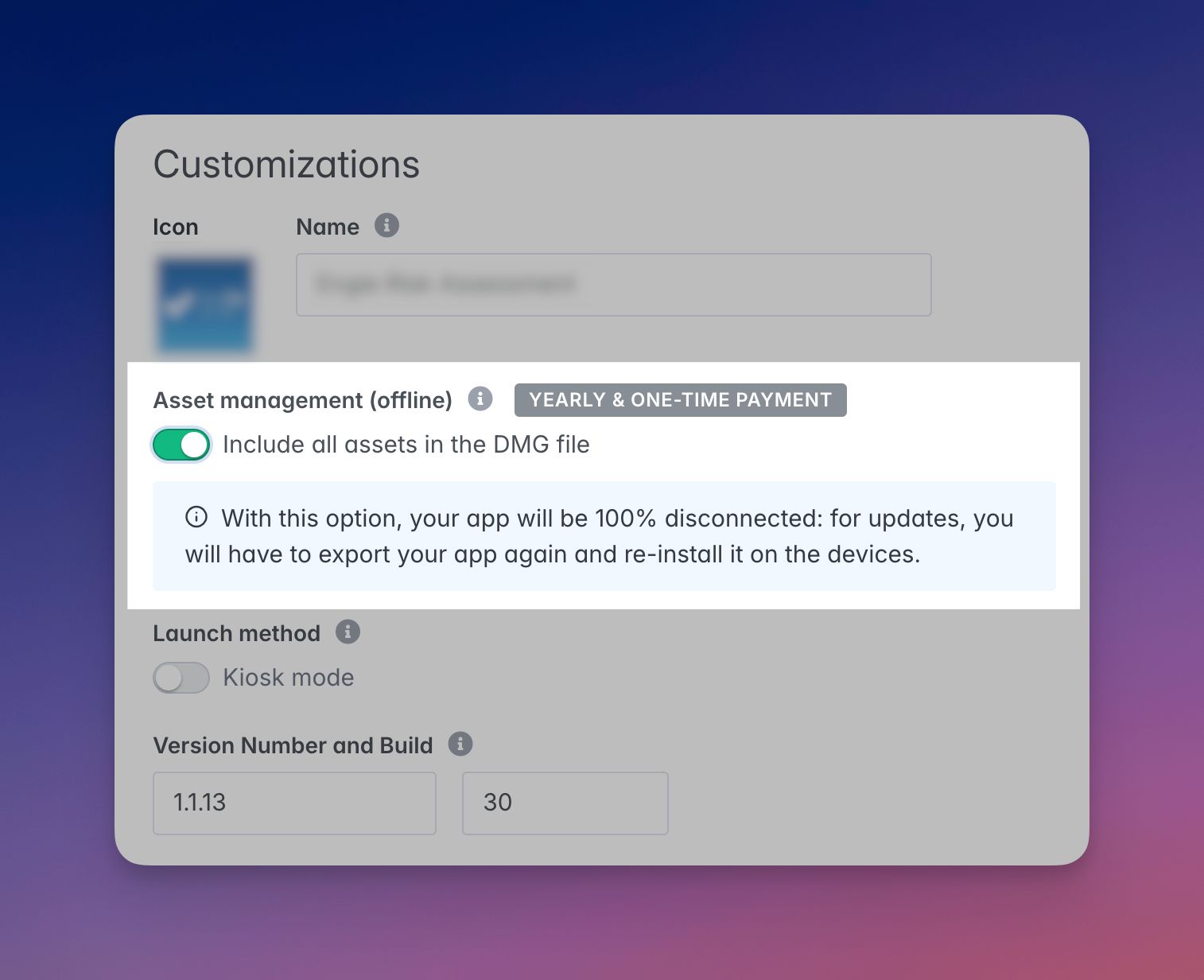 Option Gestion des assets hors ligne activée dans le formulaire d’export DMG
