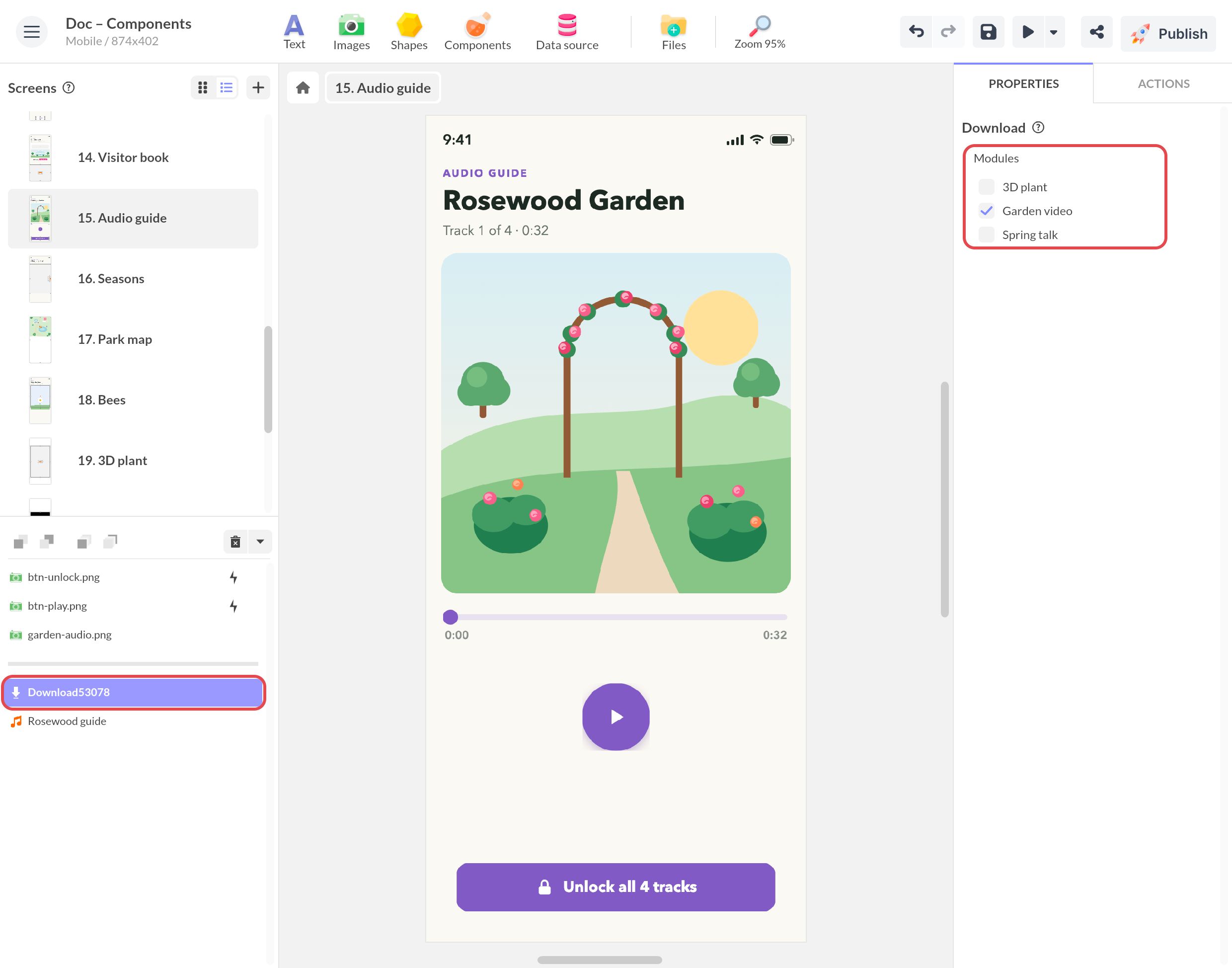 Composant Téléchargement sur l'écran Audio guide, encadré dans la liste des objets ; dans ses propriétés, le module Garden video est coché