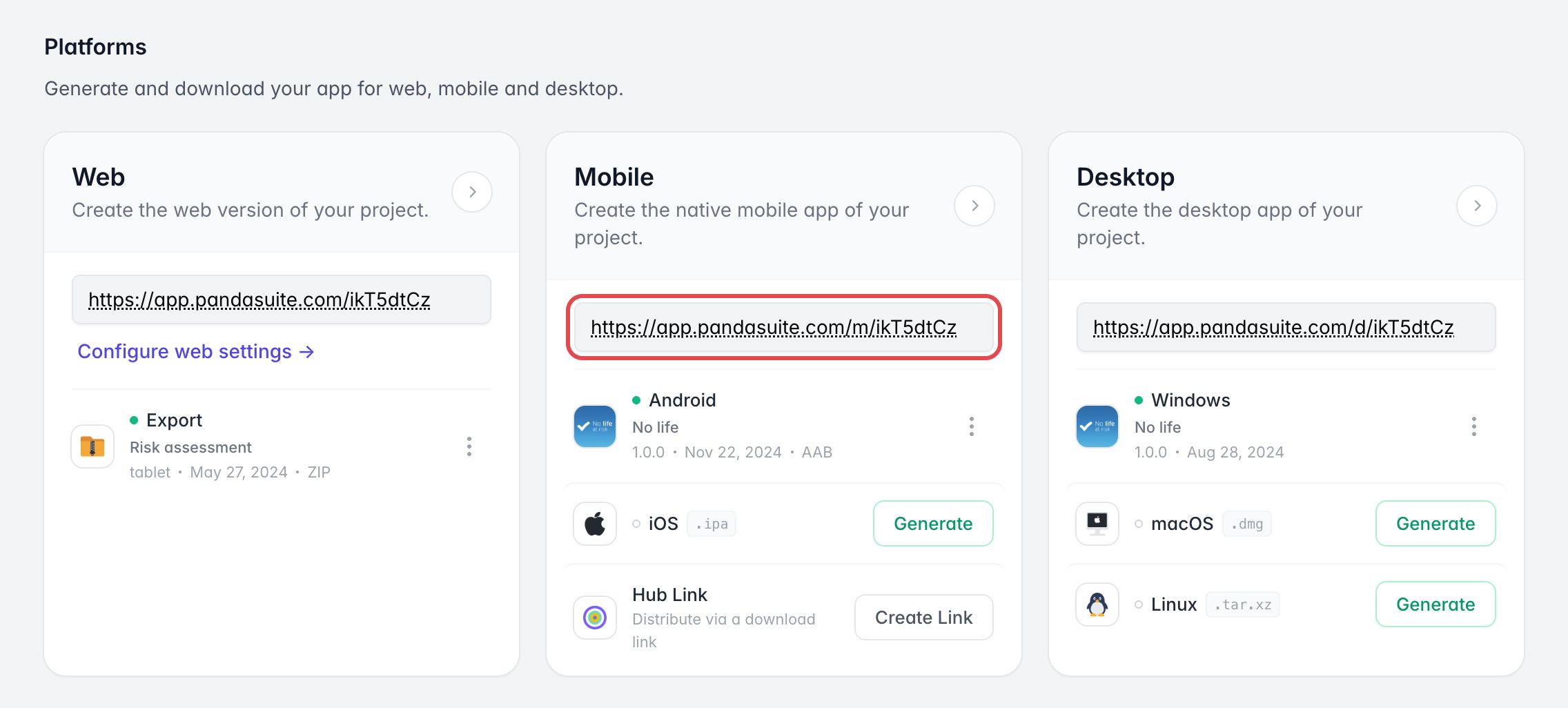 Platforms section of an app: on the Mobile card, the hosting link of the iOS and Android files is framed