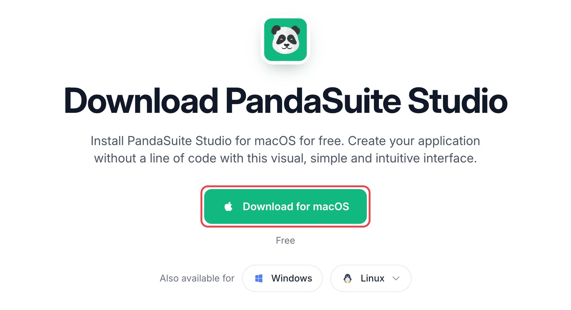 Page de téléchargement de PandaSuite Studio : le bouton Download for macOS est encadré, au-dessus d'Also available for avec Windows et Linux