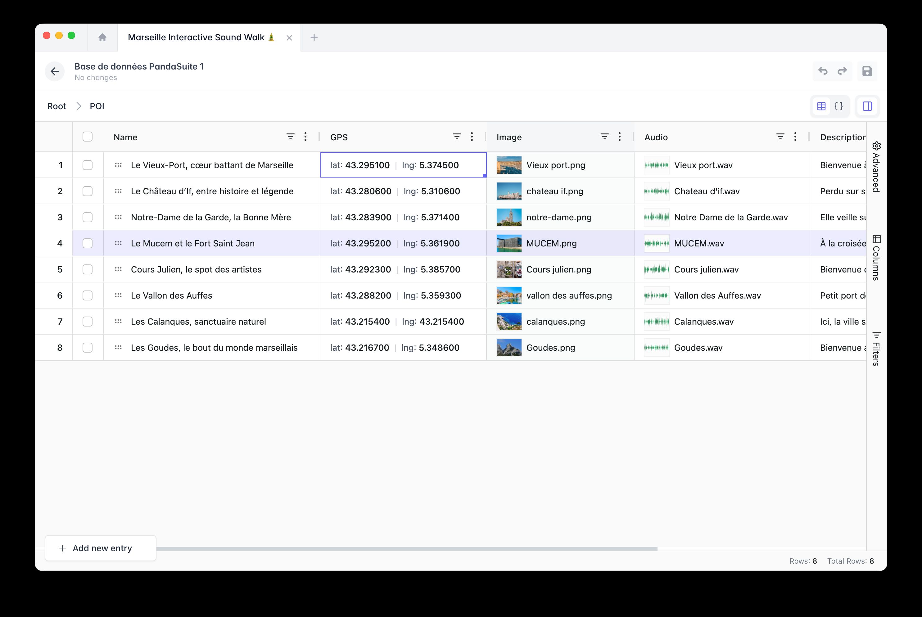 Collection de POI dans le Datastore : marqueurs GPS de Marseille avec coordonnées, image, audio et description