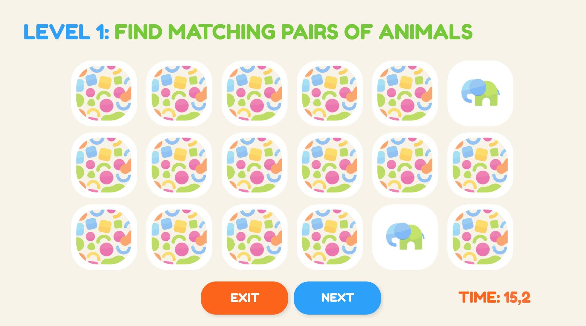 Example of dynamic memory game with two levels: matching identical animals and different visual associations