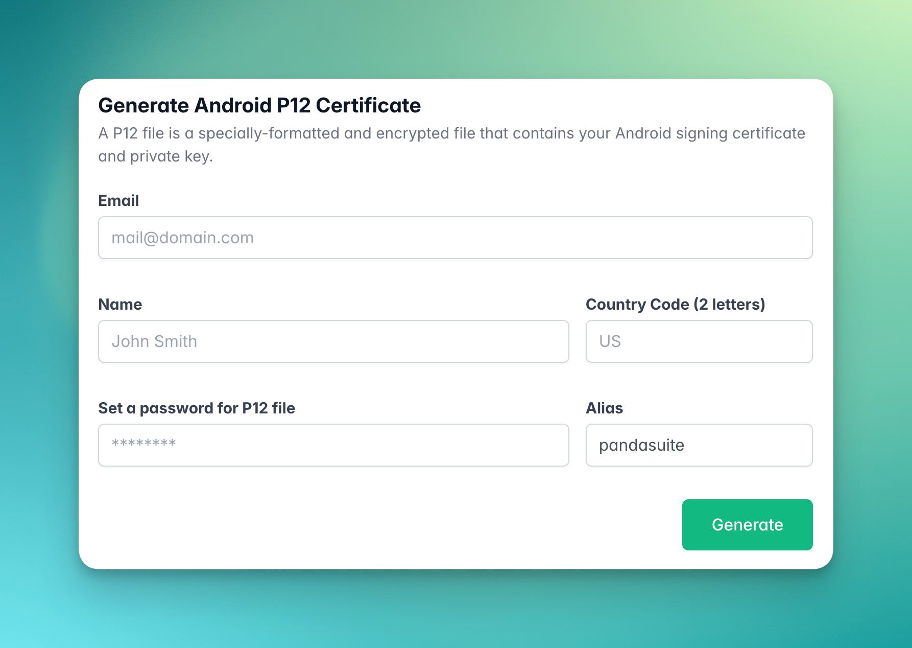 EasyCertif form to generate an Android P12 certificate