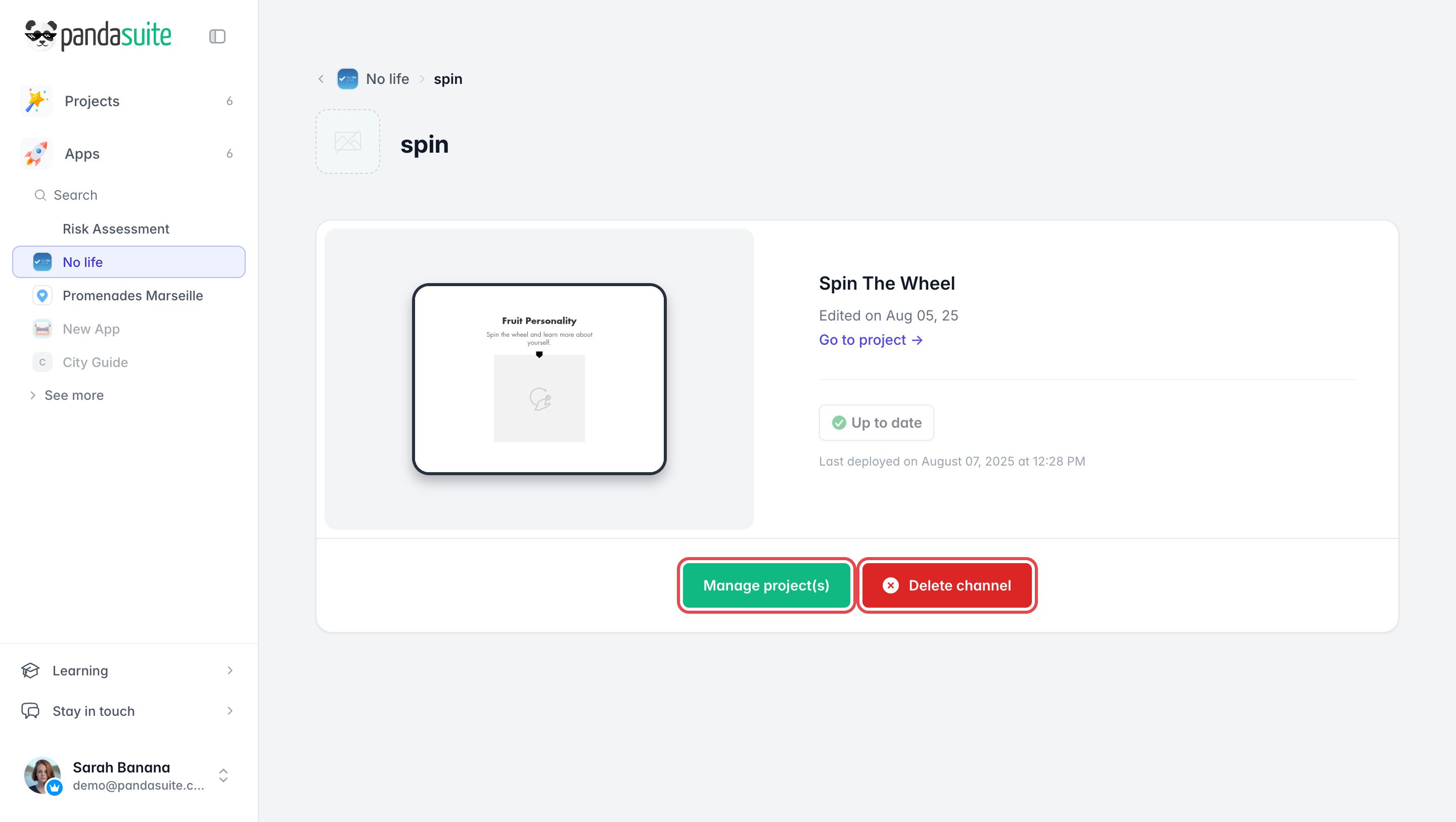 Page of a channel in the dashboard: its project is up to date, and the Manage project(s) and Delete channel buttons are framed