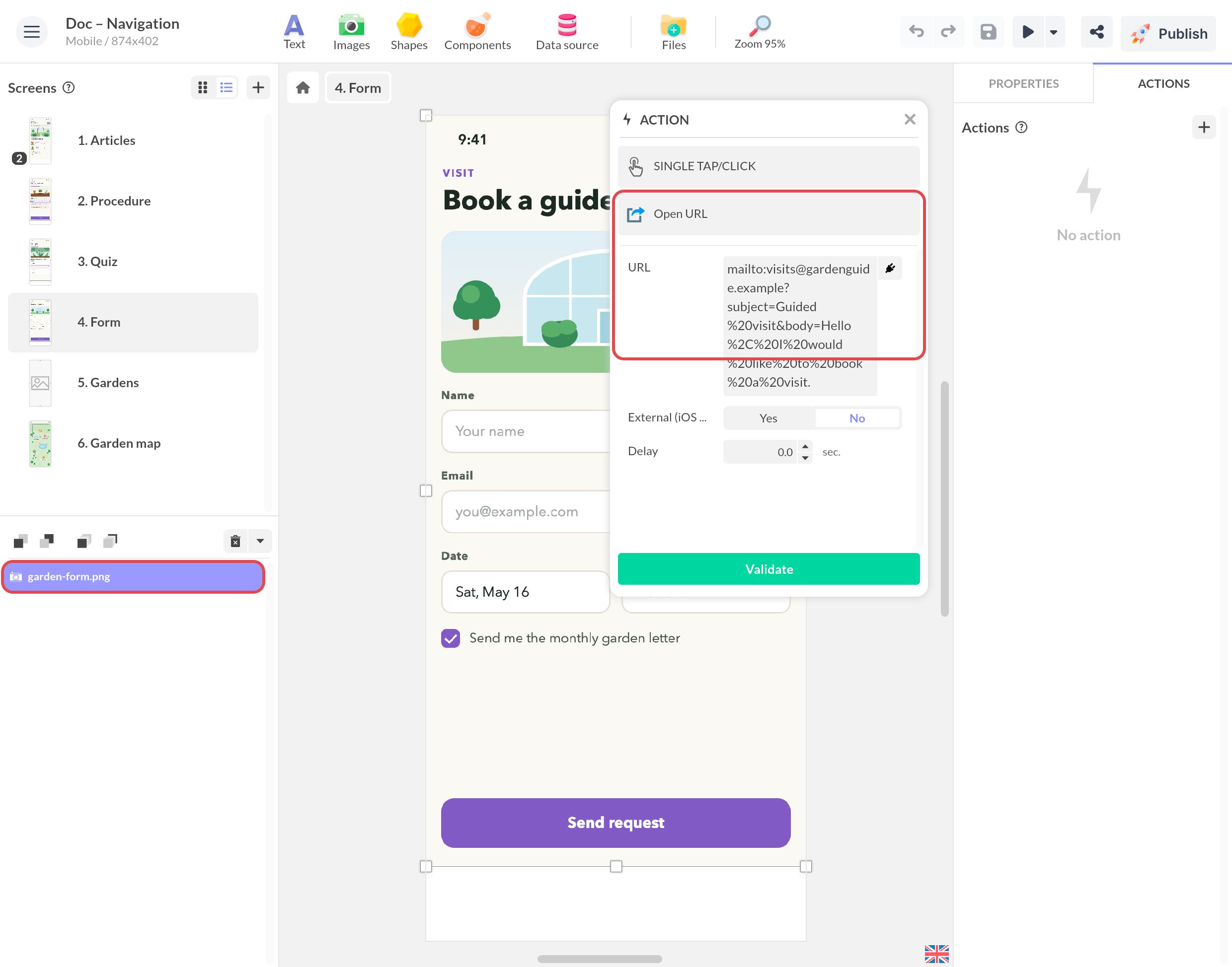 Open URL action on a single tap/click, with a mailto: link that pre-fills the recipient, subject and body of the email, on a booking screen